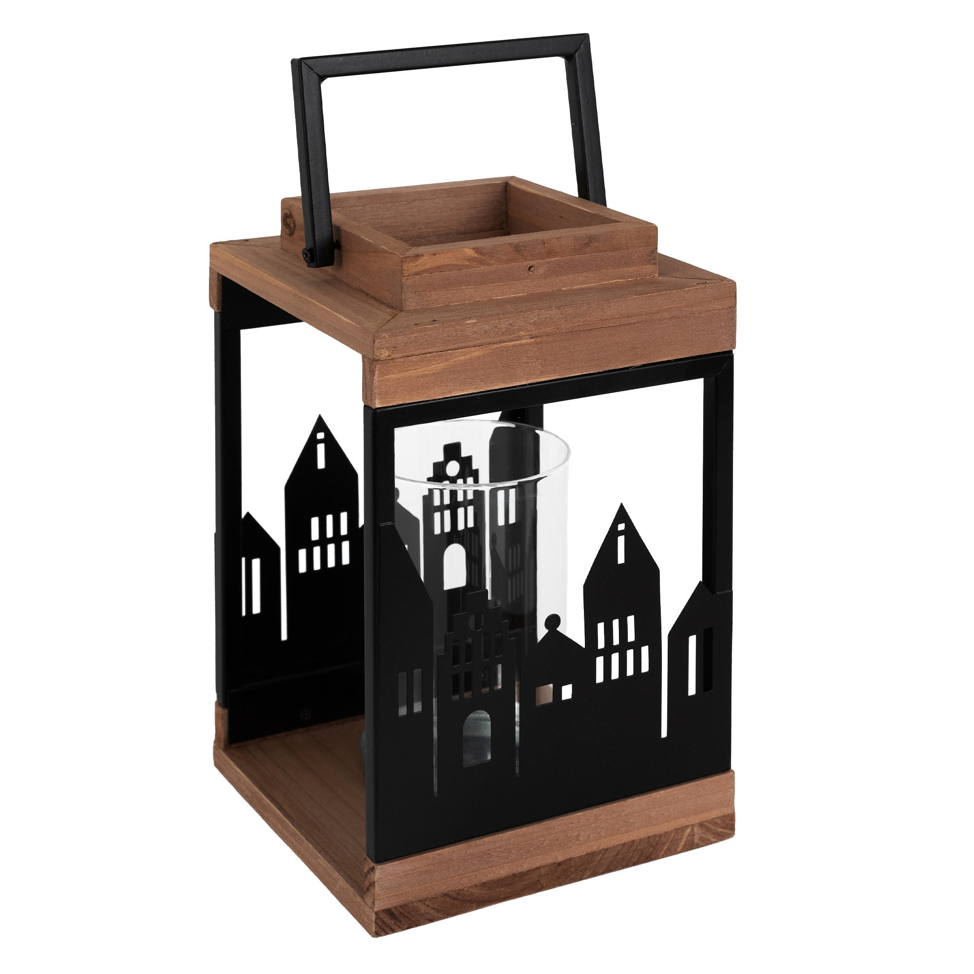 HOLZLATERNE 22cm mit Kerzenständer und Henkel Metall/Glas Stadt Muster - Braun, Holz (14/28/14cm) - ECD-Germany