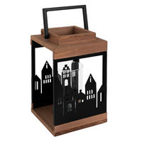 HOLZLATERNE 22cm mit Kerzenständer und Henkel Metall/Glas Stadt Muster - Braun, Holz (14/28/14cm) - ECD-Germany