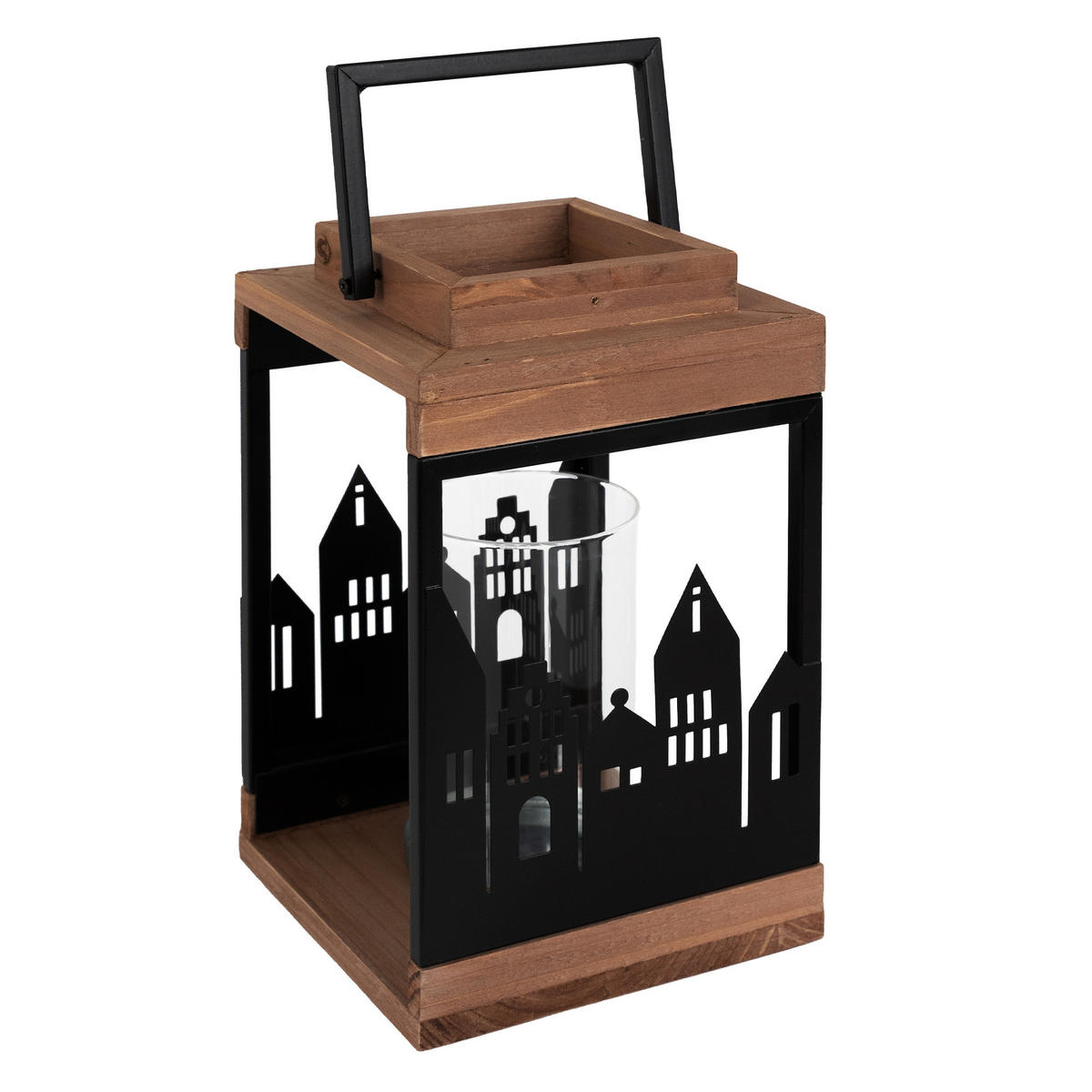 HOLZLATERNE 22cm mit Kerzenständer und Henkel Metall/Glas Stadt Muster - Braun, Holz (14/28/14cm) - ECD-Germany