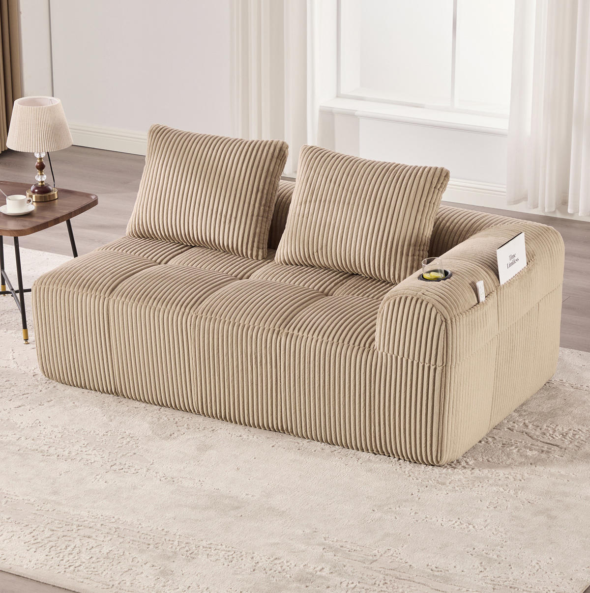 SOFA od samta, 158/93/61 cm kaki, s bočnim džepovima i držačima za piće - boje pijeska, tekstil (90/60/160cm) - BEAOK