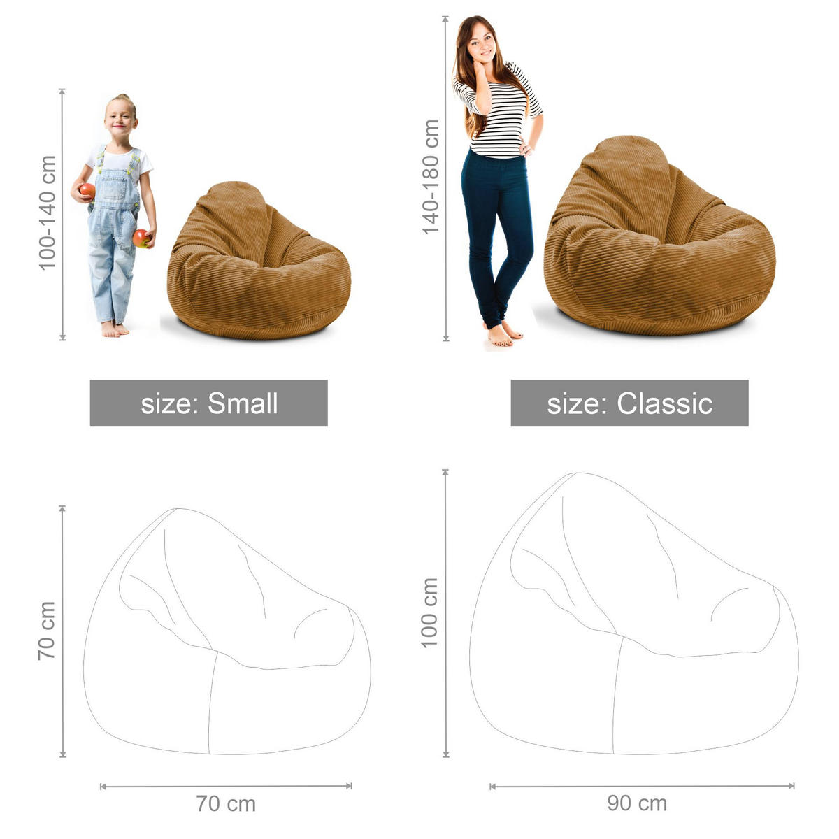 SITZSACK PARADISE MIT FUßSTÜTZE Kordsamt 2-tlg Sugar Cookie S - Bernsteinfarben/Braun, Textil (70/70/70cm) - Dreamroots