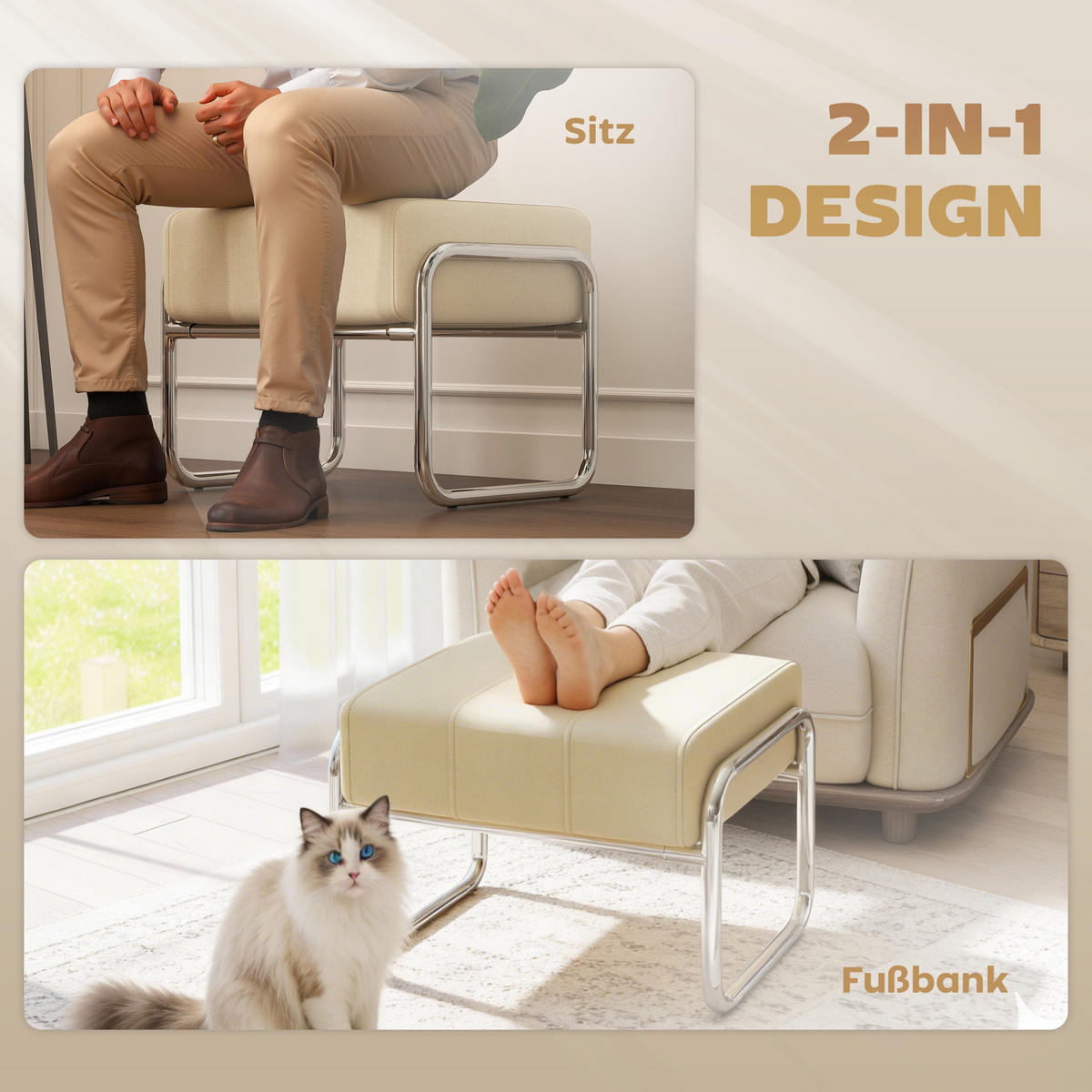 FUSSHOCKER Sitzhocker Dick Gepolstert Hocker mit Stahlbeinen für Schlafzimmer - Beige/Silberfarben, Textil/Metall (42/42/52cm) - HOMCOM