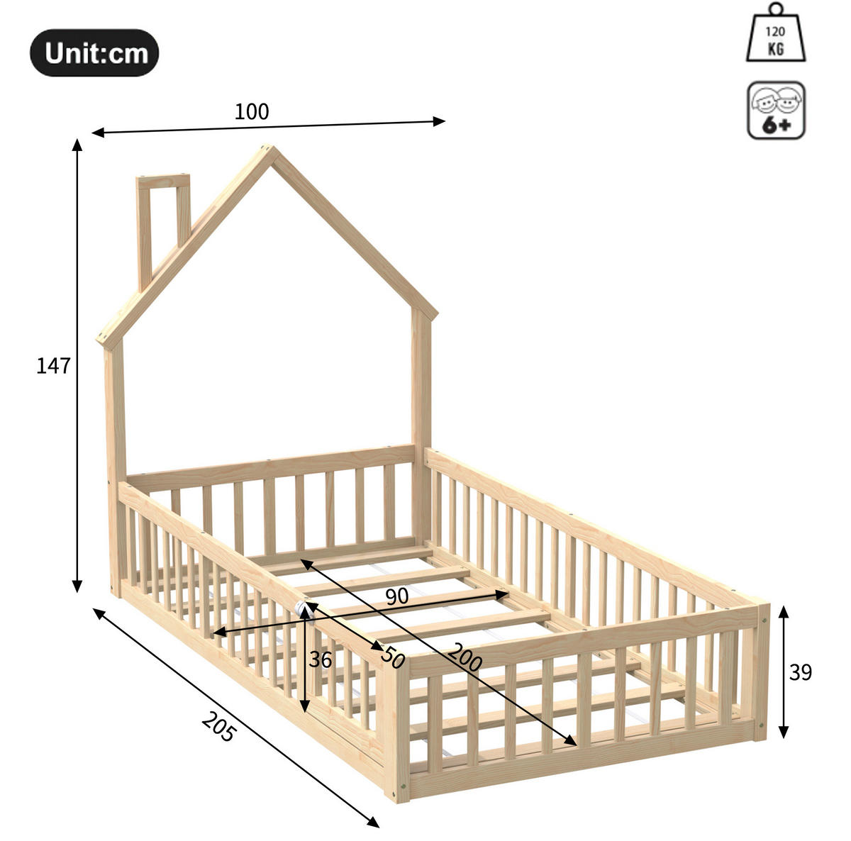 POSTELJA v obliki hiše 90/200 cm naravna z varnostno ograjo in letvenim dnom iz bora in MDF - naravne barve, leseni material (90/200cm) - OKWISH
