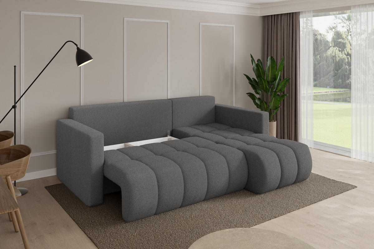 ROHOVÁ SEDAČKA s funkcí spaní, otoman vpravo GARD-L 226x146x85 šedá bouclé - šedá/černá, kompozitní dřevo/textil (226/146cm) - ALTDECOR