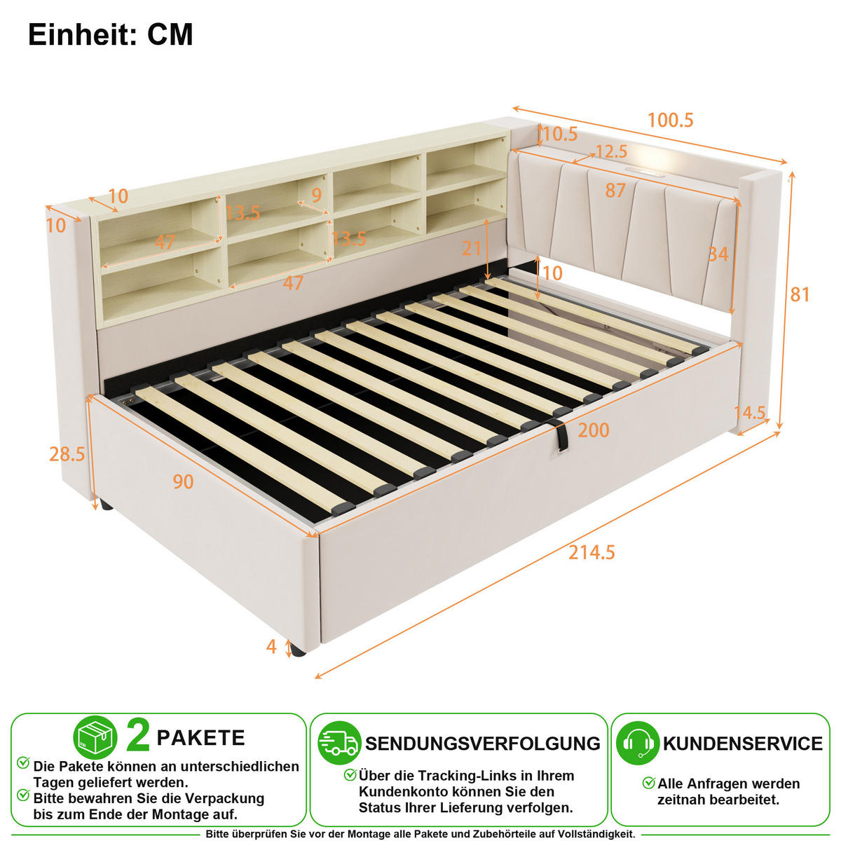 SCHLAFSOFA 90/200 cm in Beige Samt mit Stauraum, USB, Type-C und Nachtlicht - Beige, Holzwerkstoff/Textil (90/200cm) - CHICFURN
