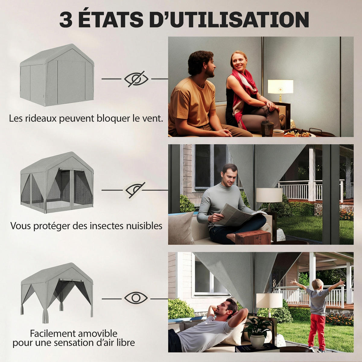 PAVILLON DE-12710 300/300 cm Doppeldach mit Vorhängen und Moskitonetzen Grau - Grau, Metall (295/278/300cm) - ComfortXL