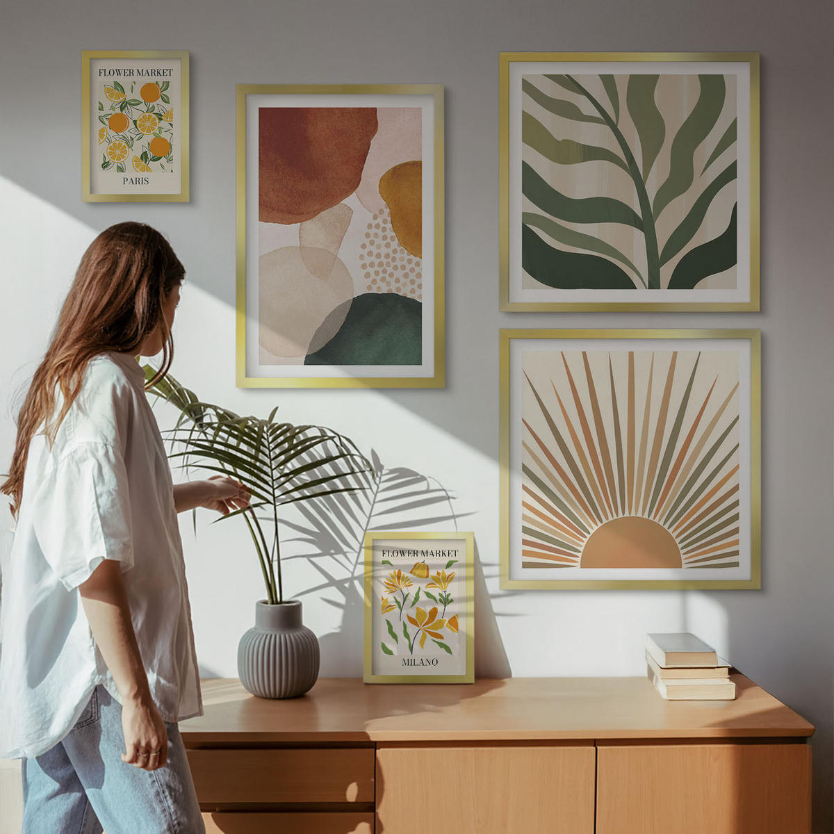 WANDBILDER 5er Set - 50x50 cm & 20x30 cm & 40x60 cm Goldrahmen - Abstrakte Blumenmotive - Goldfarben, Kunststoff (40/60cm) - ArtPrintCave