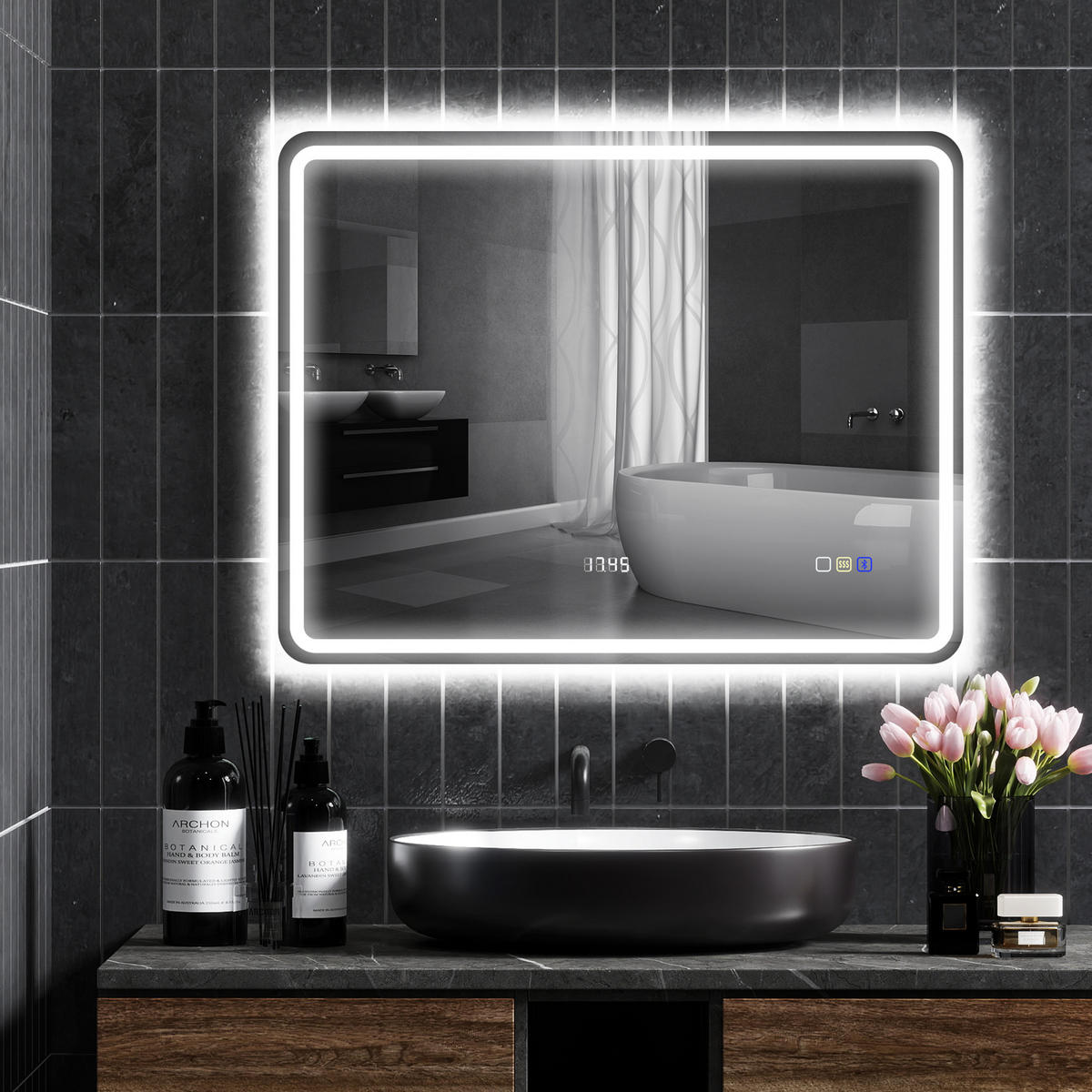 BADEZIMMERSPIEGEL mit LED-Beleuchtung, Anti-Beschlags-Pad, 3 verstellbare Farben - Silberfarben, Glas (3.5/70/90cm) - HOMCOM
