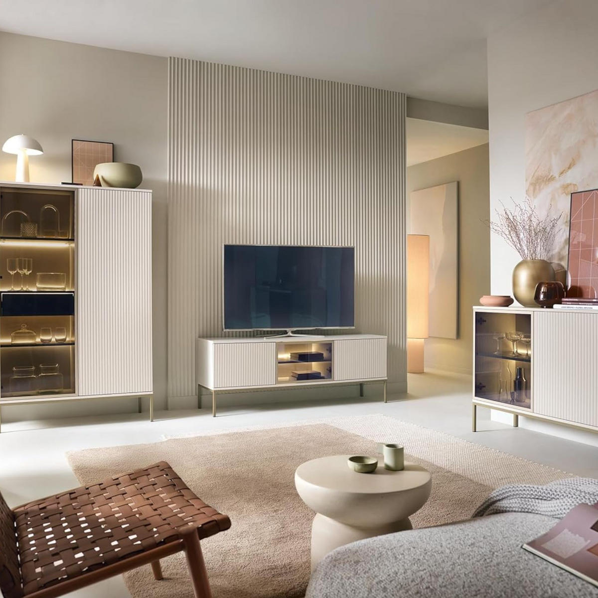 LOWBOARD Laval RTV154 – Kaschmir - Kaschmir/Eiche Artisan, Glas/Holzwerkstoff (154/56/39cm) - Komodee