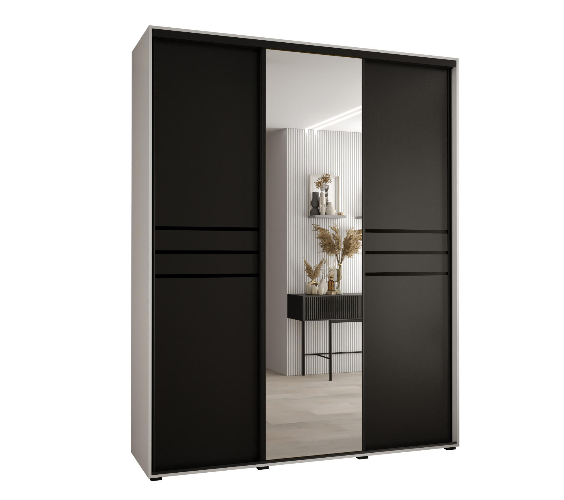 Abiks Möbel SCHWEBETÜRENSCHRANK Weiß, Schwarz, Schwarz 190cm × 60cm × 235cm