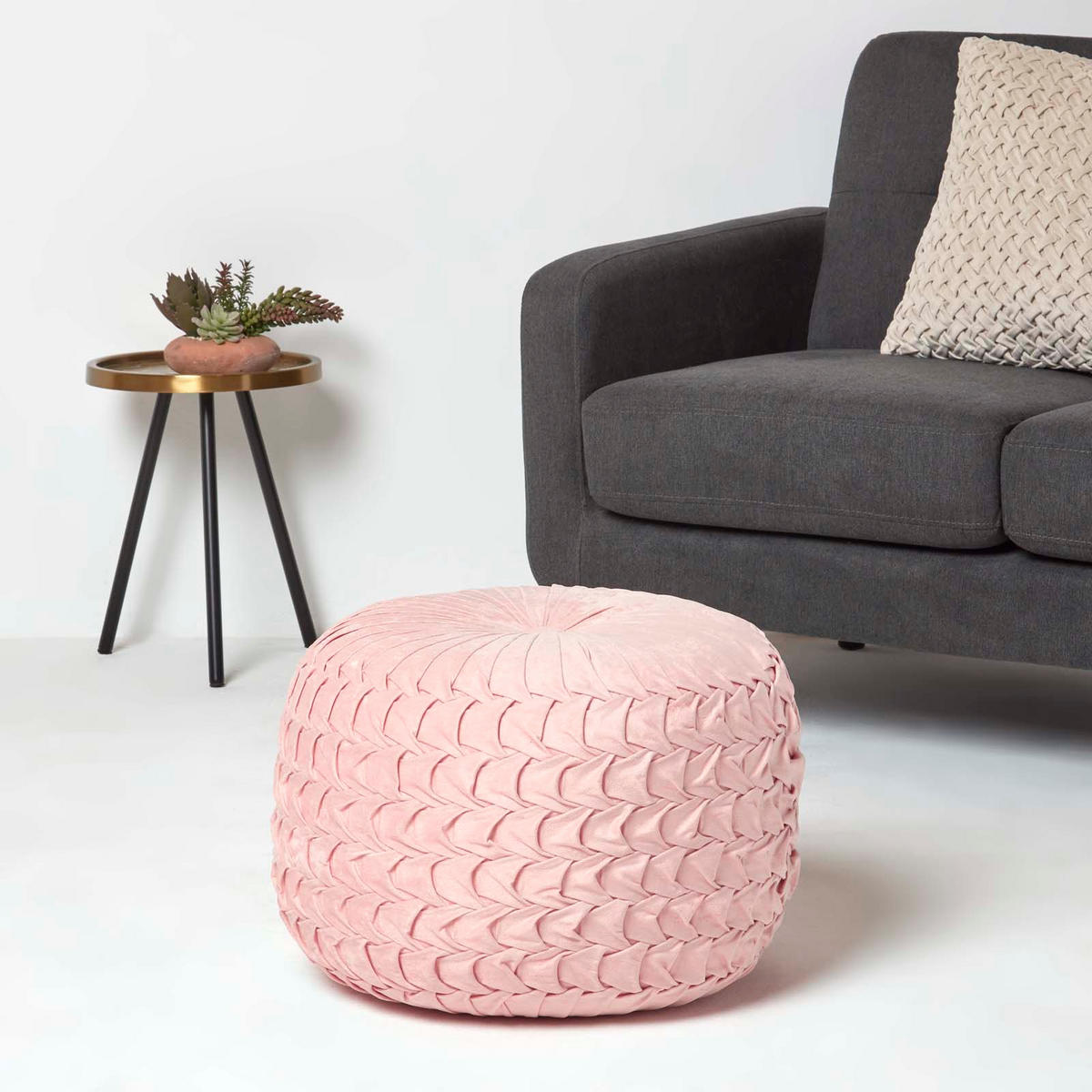 SAMT-POUF Grace rosa, plissiert in Flechtoptik, 50/50/35 cm - Altrosa, Textil (50/35/50cm) - Homescapes