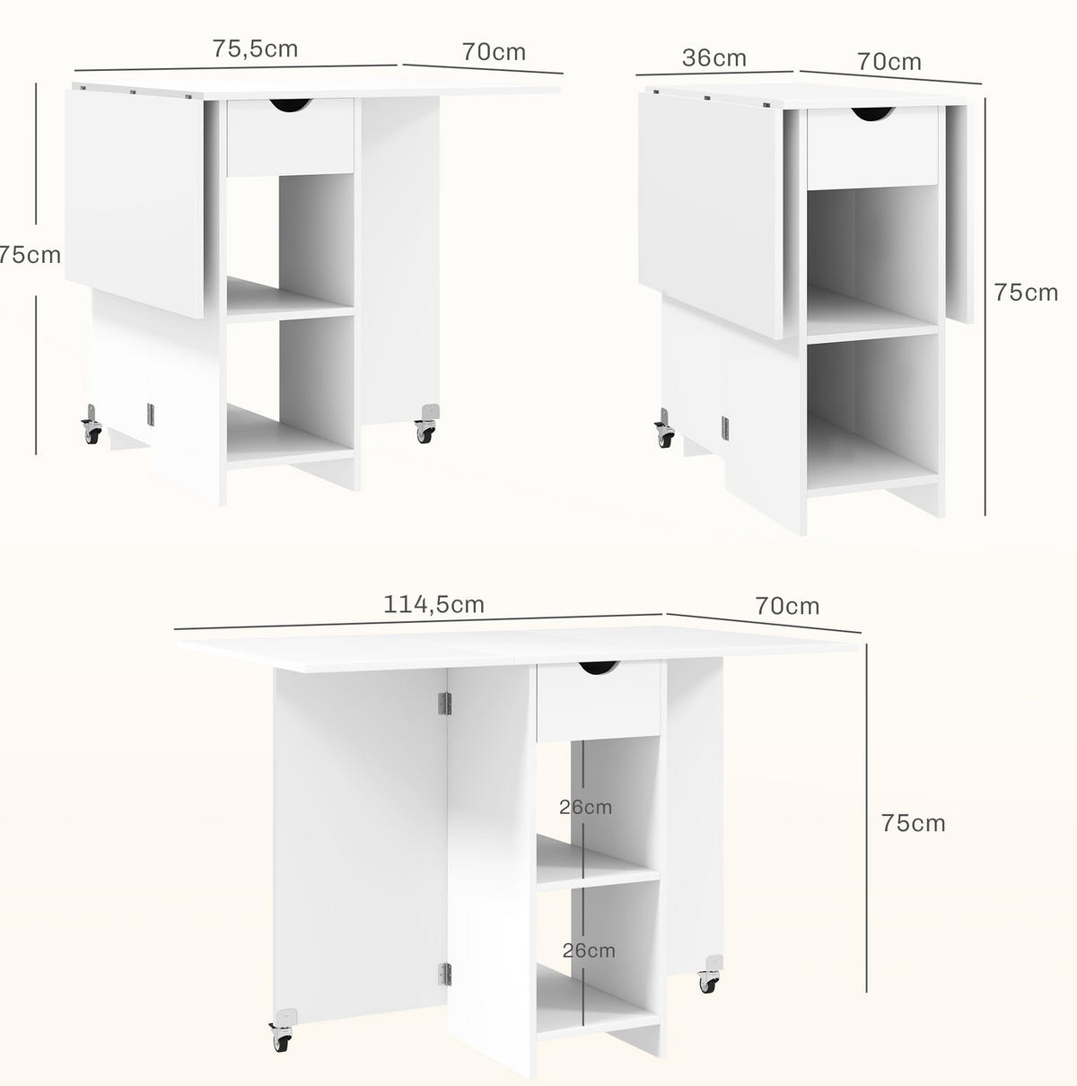 KLAPPTISCH 114,5/70/75 cm mit 2 ausklappbaren Platten, Schublade und offenen Fächern, Weiß - Weiß, Holzwerkstoff (114.5/70/75cm) - Redom