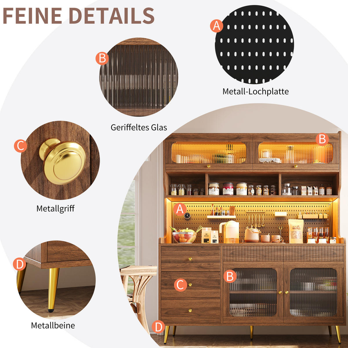 BUFFET 145x39x171cm LED Lochwand Walnuss - Walnussfarben, Glas (145/171/39cm) - FLIEKS