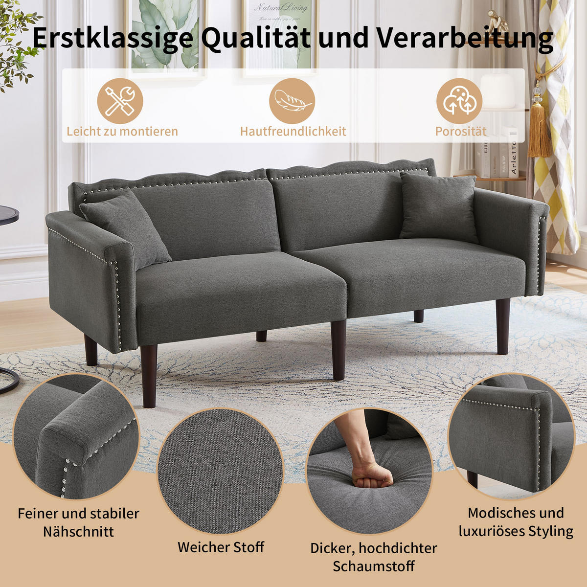 SOFA 2in1 Zweisitzer Liegefunktion Unabhängig Verstellbar Baumwoll-Leinen - Grau, Holz (92.71/19.05/80cm) - FLIEKS