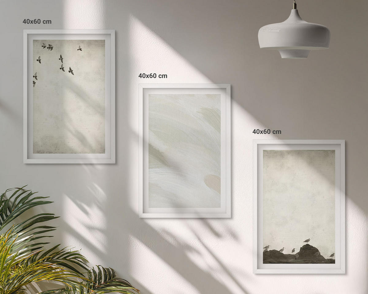 WANDBILDER 3er-Set - 40x60 cm Weißer Rahmen - Vögel, Steine, Pinselstriche, Verzierungen - Weiß, Kunststoff (40/60cm) - ArtPrintCave