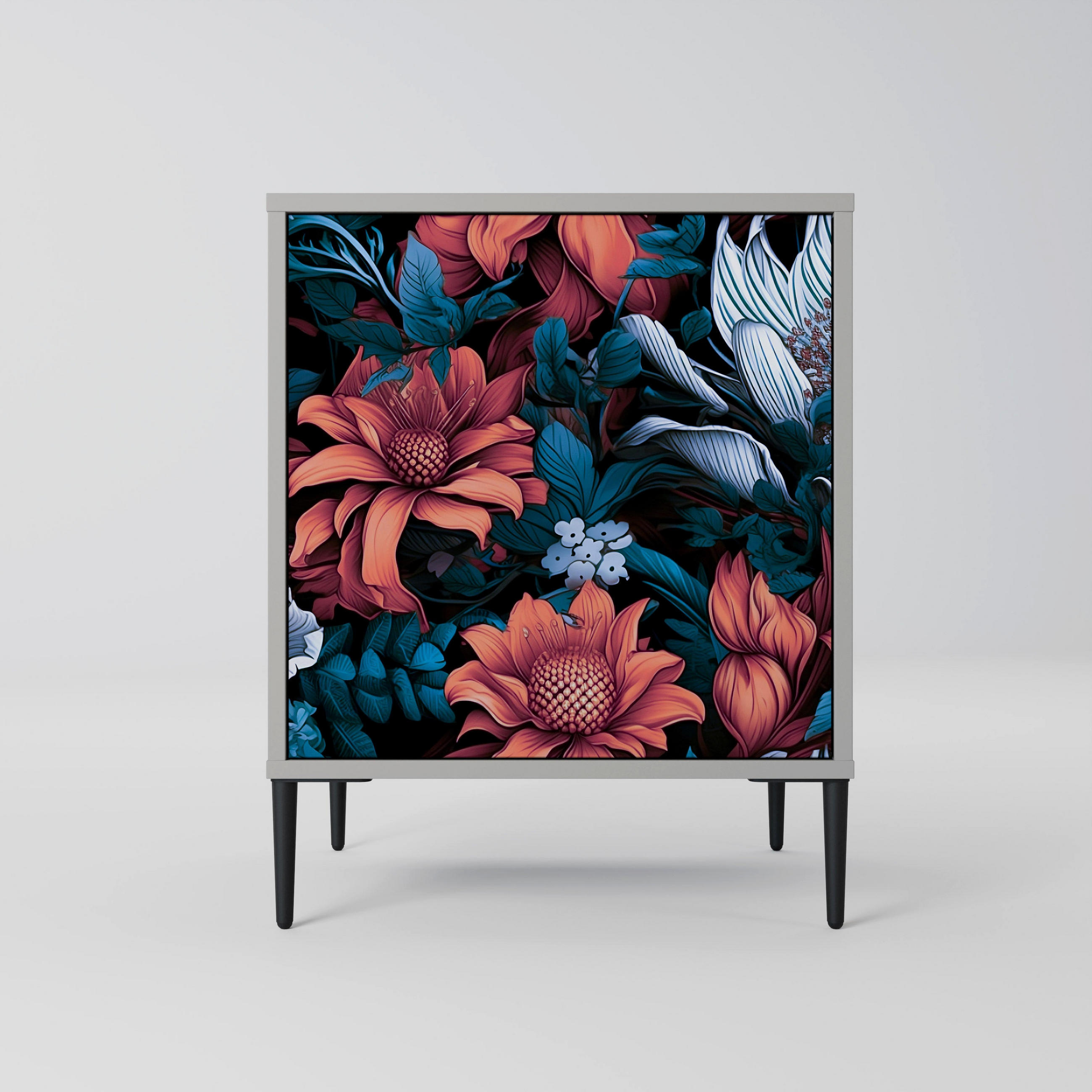SIDEBOARD ETHEREAL BLOSSOMS, Grau, 57,5x42x72,5 cm, Schwarze Metallfüße - Multicolor/Schwarz, Holzwerkstoff/Metall (57.5/72.5/42cm) - SpaceRebels