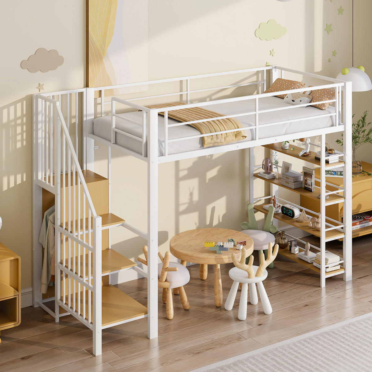HOCHBETT 90/200 cm aus Metall und MDF mit Treppe, Kleiderschrank und Regalfächern Weiß - Weiß, Metall (90/200cm) - Modenvie