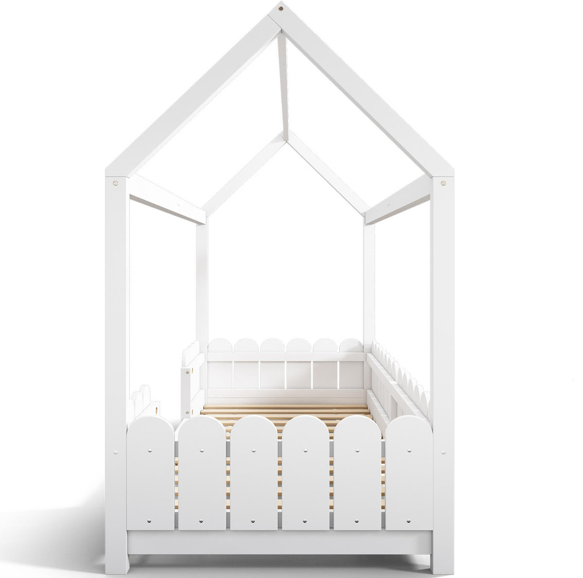 KINDERHAUSBETT 90/200 cm mit Rausfallschutz und Lattenrost aus Massivholz, Weiß - Weiß, Holz - Redom