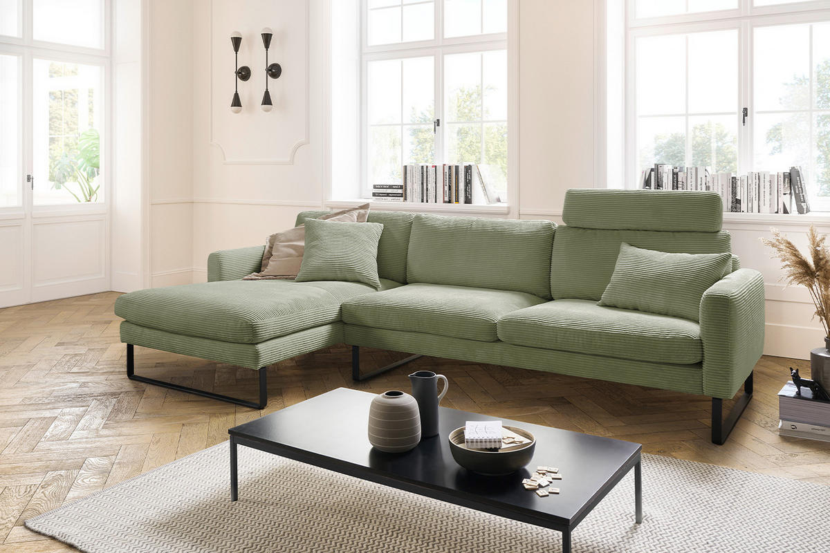 ECKSOFA RICARDA Dunkelgrün Cord - Dunkelgrün/Schwarz, Textil/Metall (298/154cm) - KAWOLA