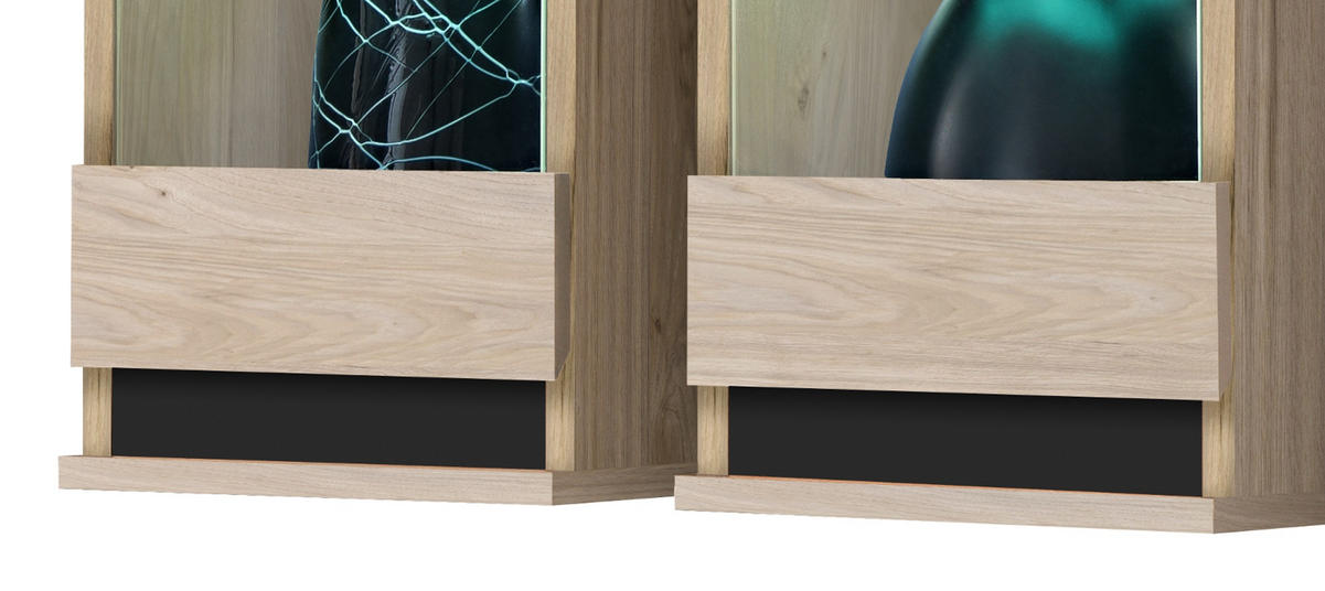 WOHNWAND Eiche Hickory, schwarz 4-teilig 175 cm, Schrankwand mit LED-Beleuchtung - Eichefarben/Schwarz, Glas/Holzwerkstoff (175/150/37cm) - Inn.Furn