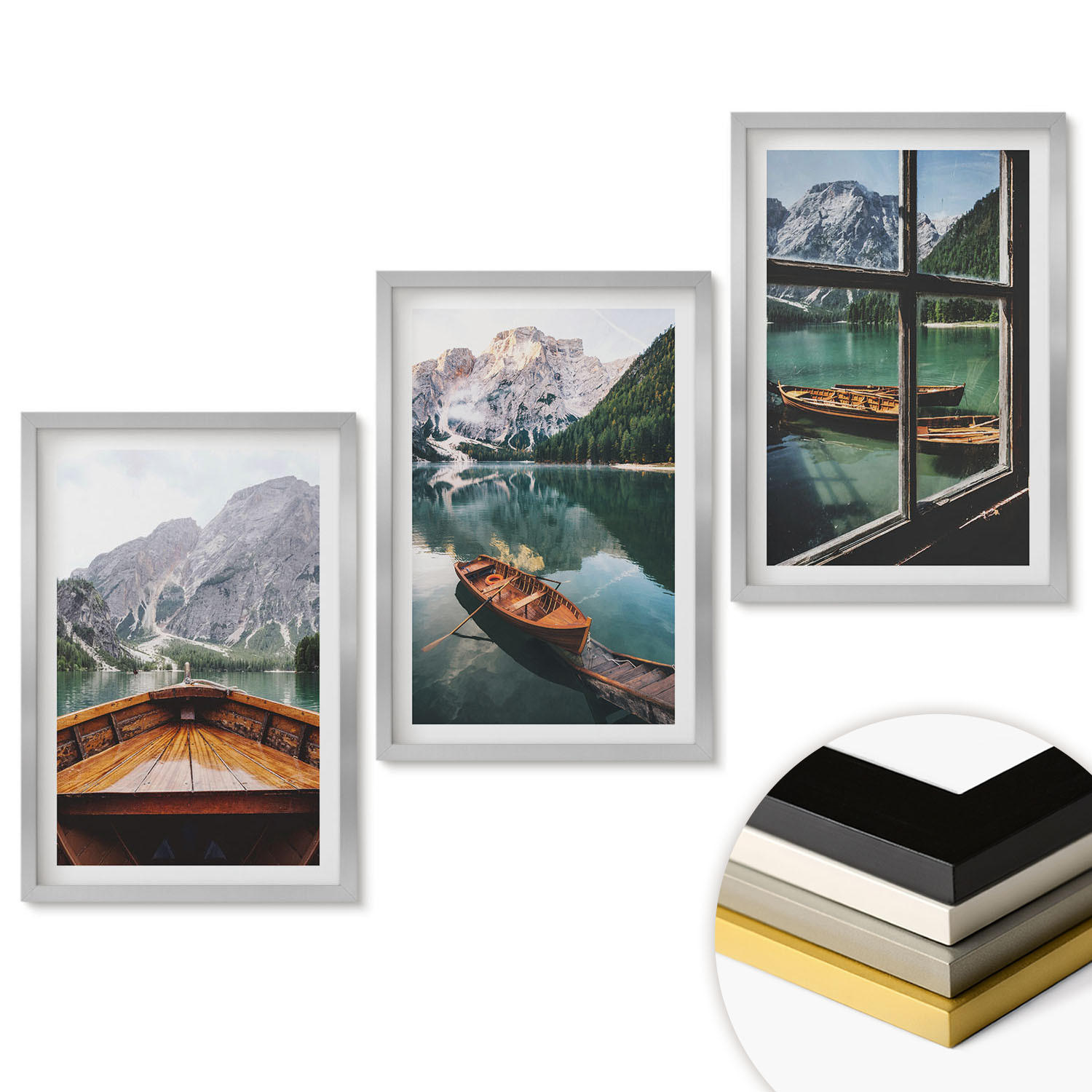 WANDBILDER 3er Set - 40x60 cm Silberner Rahmen - Fenster für Boote auf dem Bergsee - Silberfarben, Kunststoff (40/60cm) - ArtPrintCave
