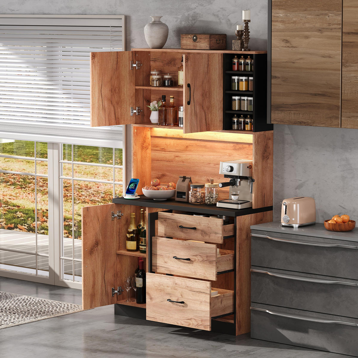 BIFE omara iz MDF v videzu lesa in črni barvi z LED-osvetlitvijo - naravne barve, leseni material (40/180/105cm) - OKMYHOME