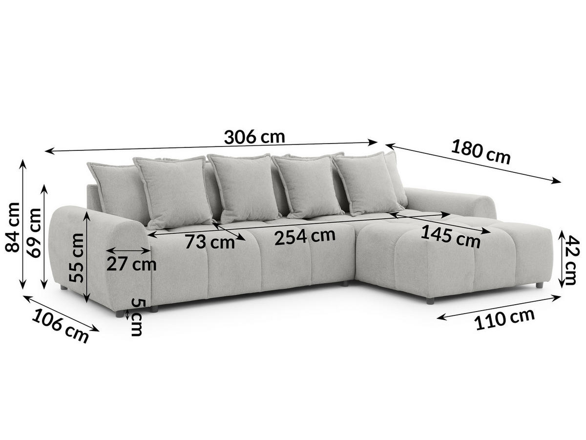 ECKSOFA inkl. Hocker Bubble mit Schlaffunktion und losen Rückenkissen, Sitzfläche Bubble-Optik aus weichem Hellegrau Strukturstoff - Ottomane Rechts - Hellgrau/Schwarz, Holz/Kunststoff (306/180cm) - S-Style Möbel