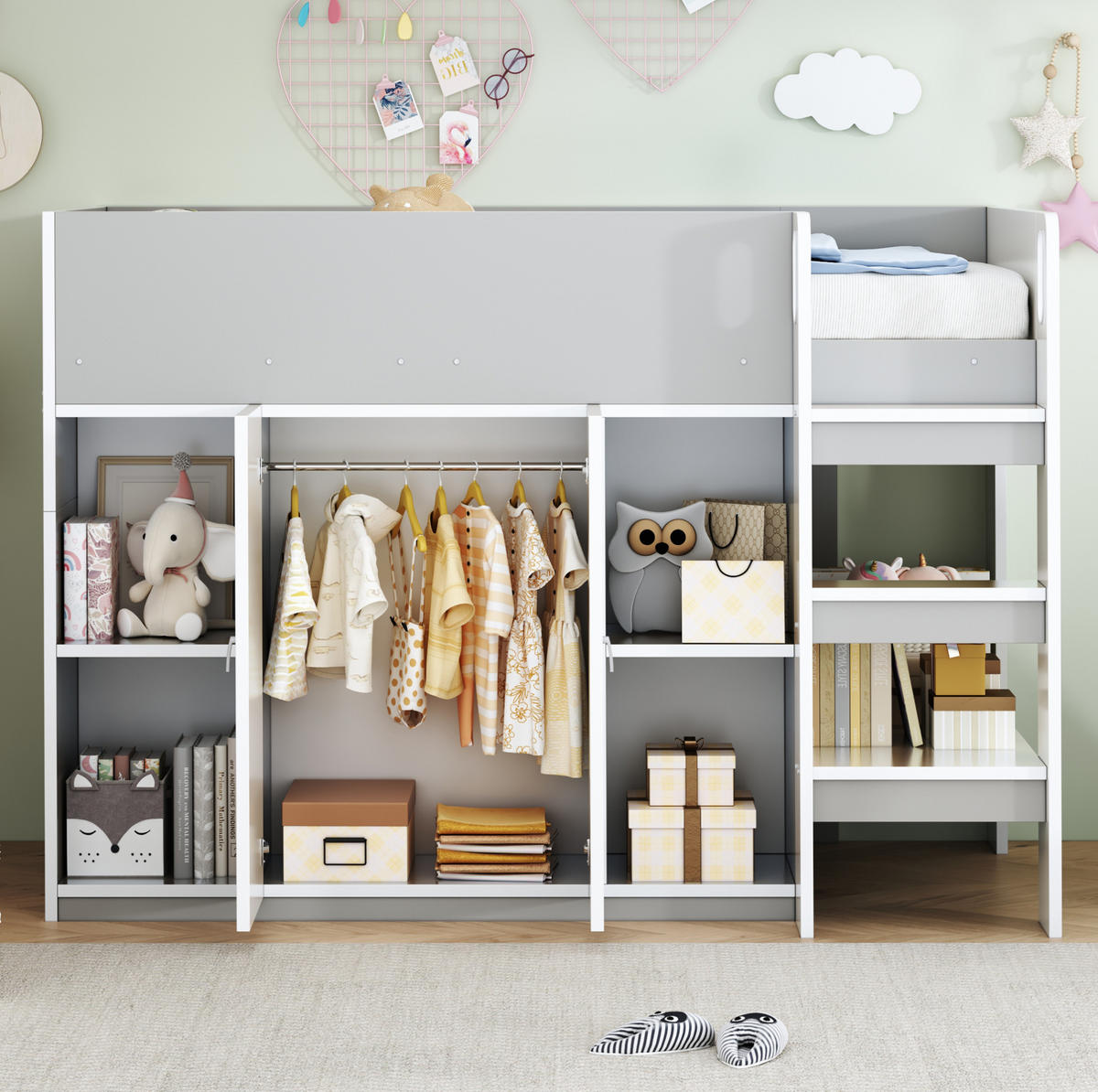 HOCHBETT 90/200 cm Grau mit Stauraum, Schrank und Regalen mit Matratze - Grau, Holzwerkstoff (90/200cm) - OKWISH