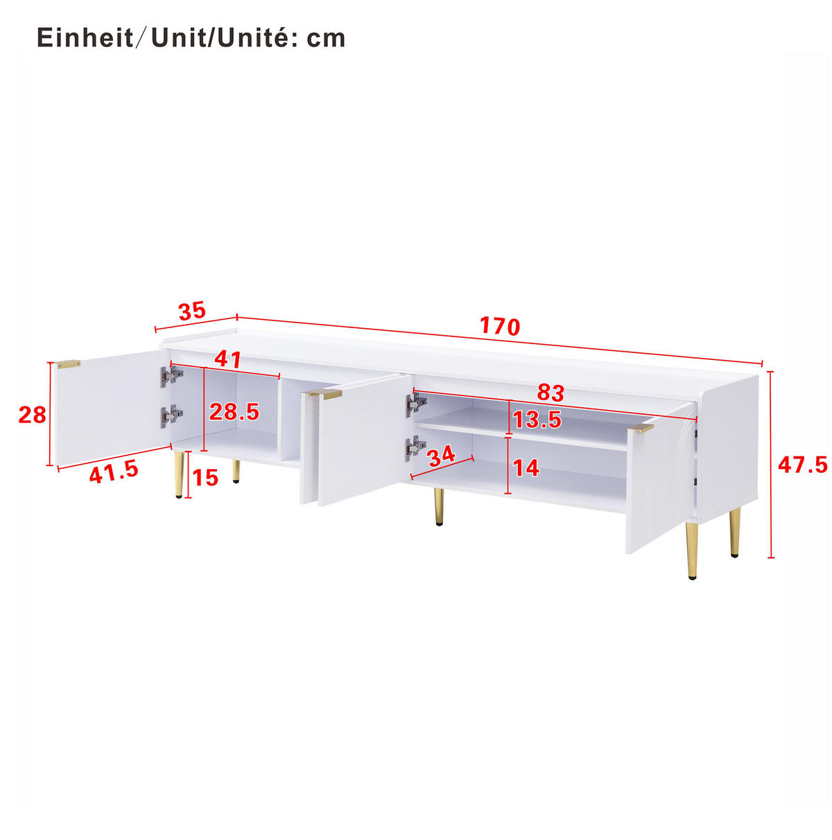TV-LOWBOARD 170/35/47,5 cm mit Kabeldurchlass und goldfarbenen Metallfüßen - Weiß, Holzwerkstoff (170/47.5/35cm) - BEAOK
