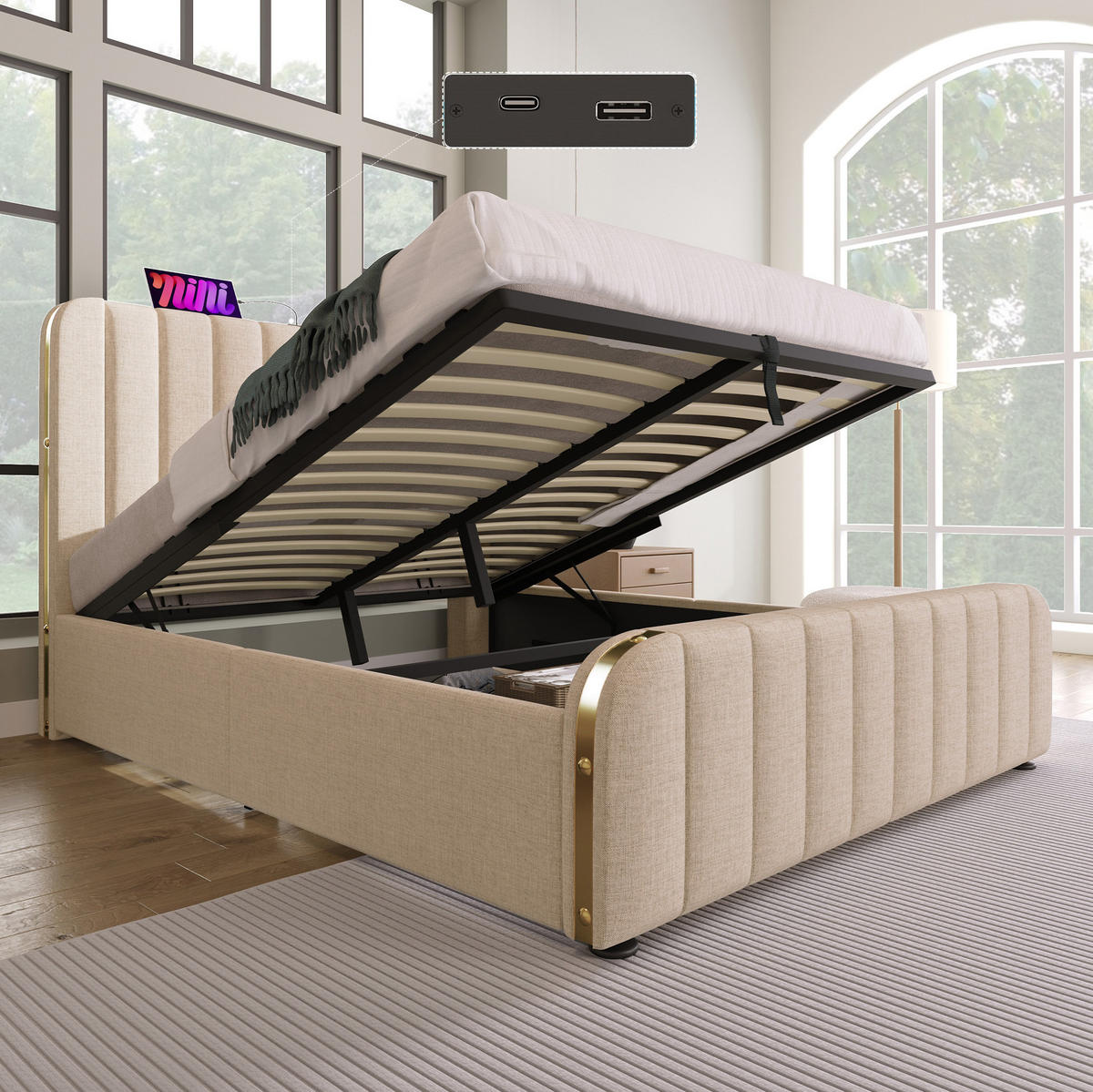 POLSTERBETT 140/200 cm Beige mit Stauraum, Matratze und USB- & Type-C-Anschlüssen - Beige, Textil (140/200cm) - Flora Grace