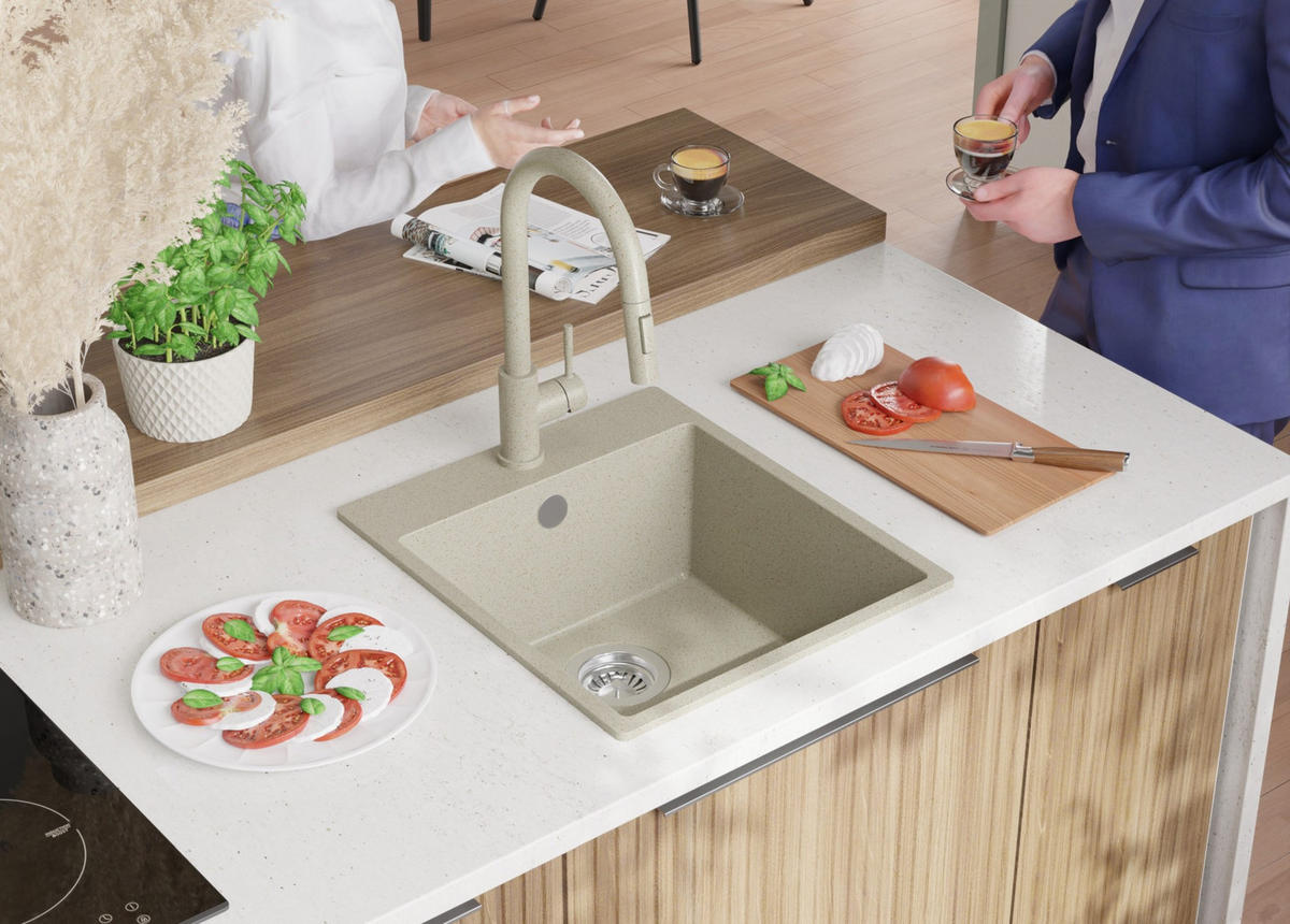 SPÜLBECKEN Riga, 2-er set Beige 43/50 cm 1 Becken + Ablauf-Set ab 45er Unterschrank - Chromfarben/Beige, Kunststoff (43/20/50cm) - Primagran