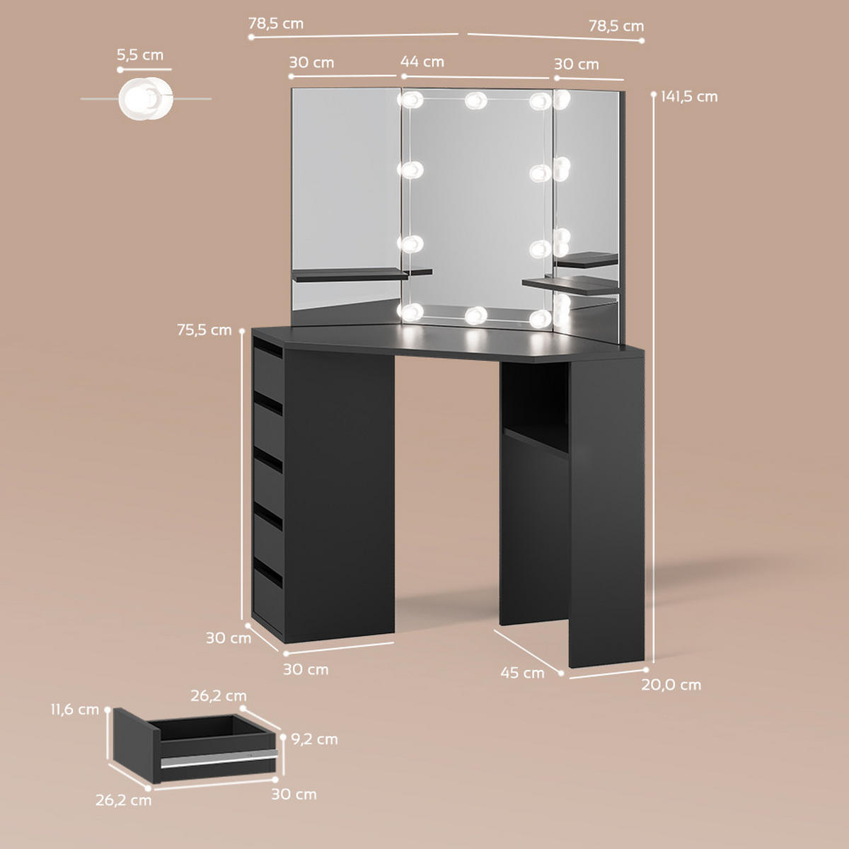 ECKSCHMINKTISCH Enna Schwarz 110 cm mit LED Beleuchtung - Schwarz, Holzwerkstoff (110/141.5/54cm) - Livinity®