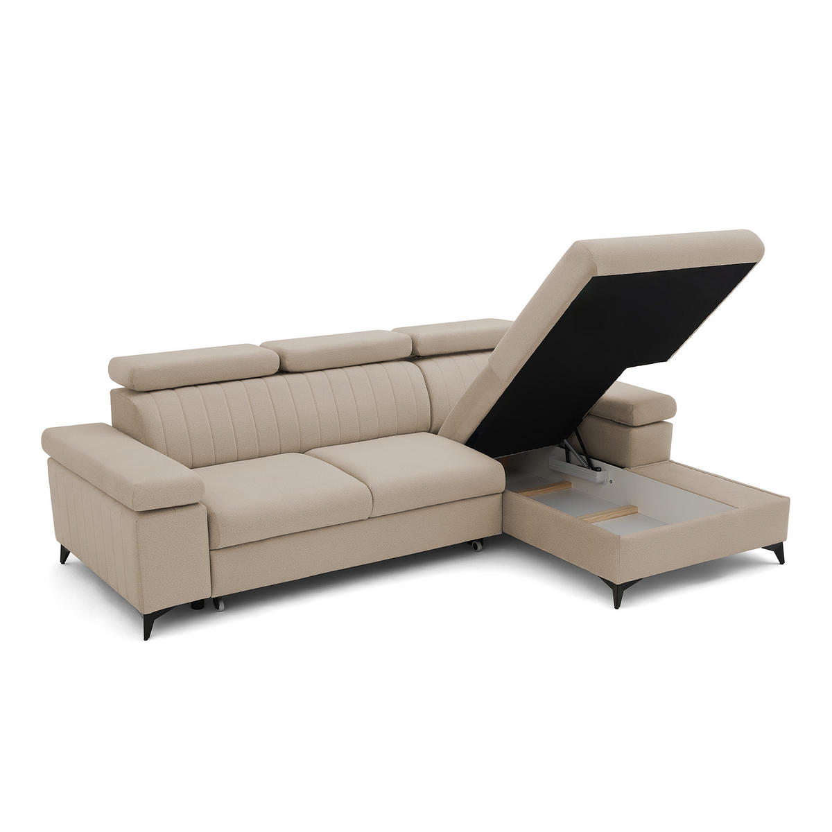 ECKSOFA FELIX L Rechts mit Schlaffunktion Velours Beige - Beige/Schwarz, Holz/Textil (176/257cm) - Muffo