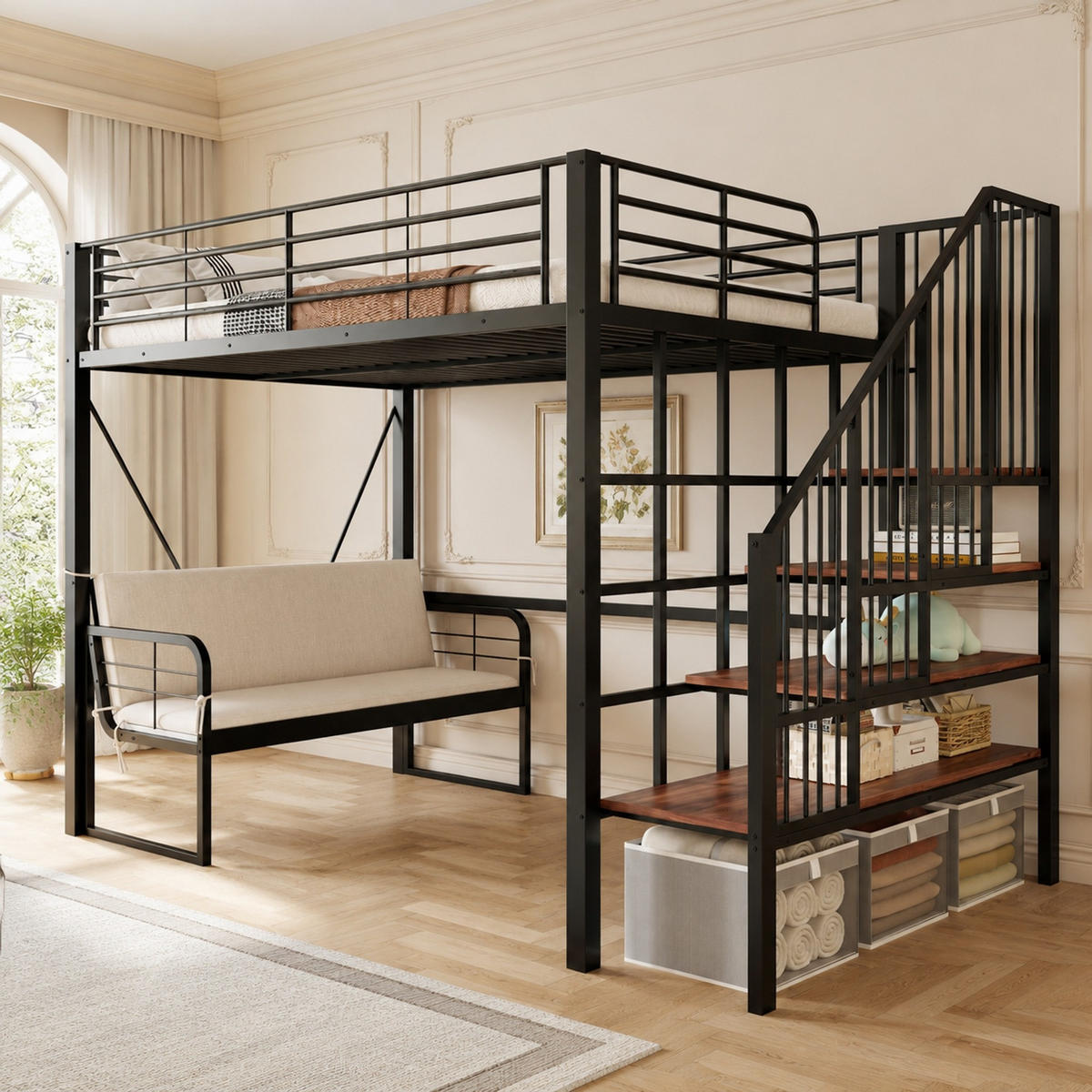 HOCHBETT 140/200 mit Polstersofa, Stauraumtreppe und Stauraum in Schwarz - Schwarz, Holzwerkstoff/Metall (140/200cm) - EVRYAE
