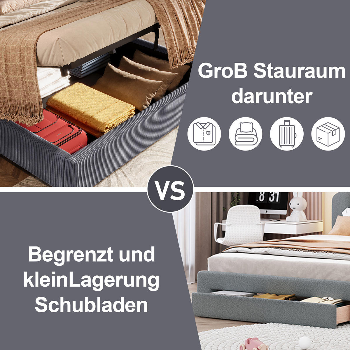 POLSTERBETT 180/200 cm grau mit LED-Leiste und hydraulischem Stauraum - Grau, Textil (180/200cm) - OKWISH