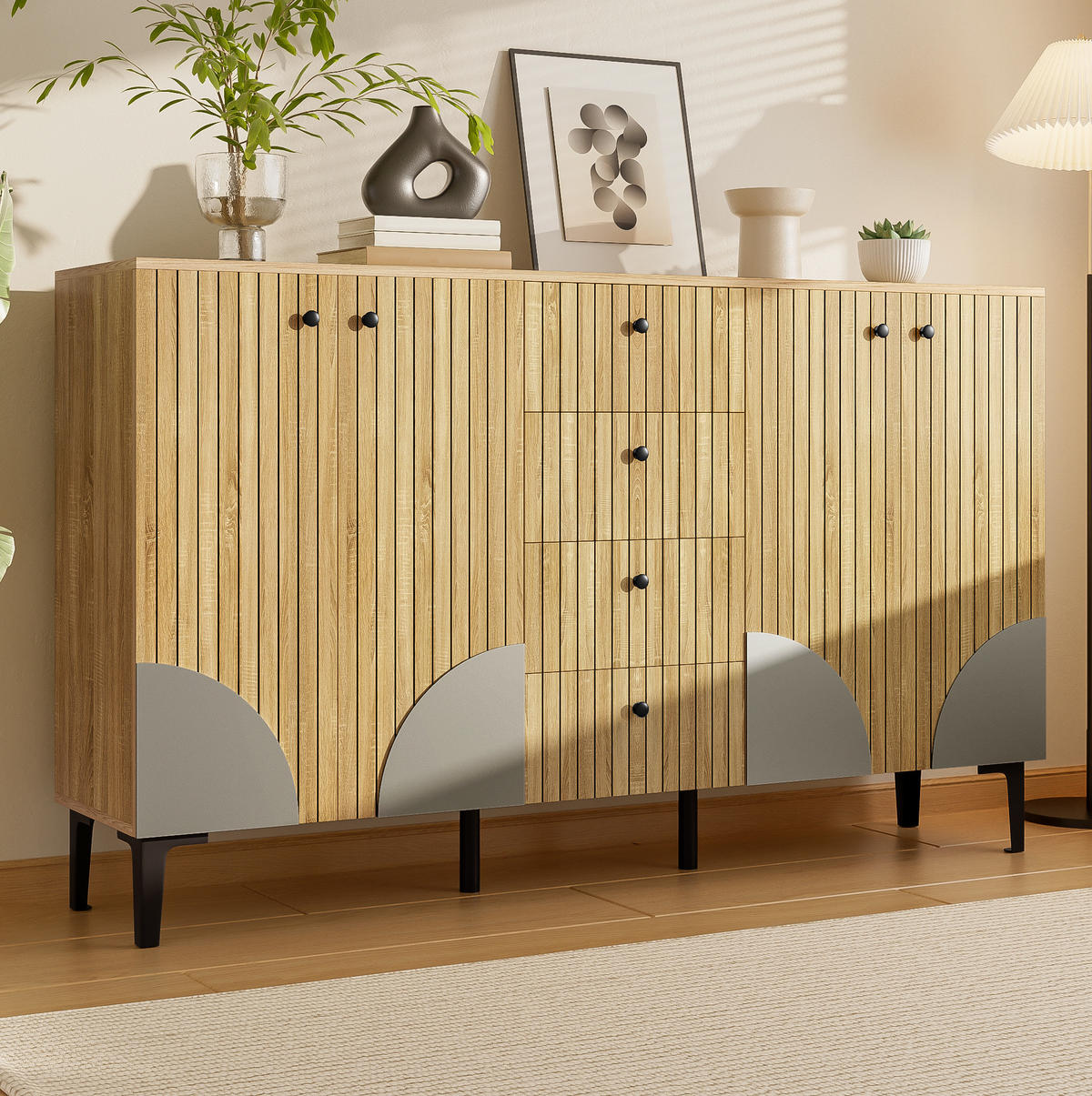 SIDEBOARD 160/36/94 cm mit 4 Türen & 4 Schubladen in Holzfarbe - Eichefarben, Holzwerkstoff (160/94/36cm) - BEAOK
