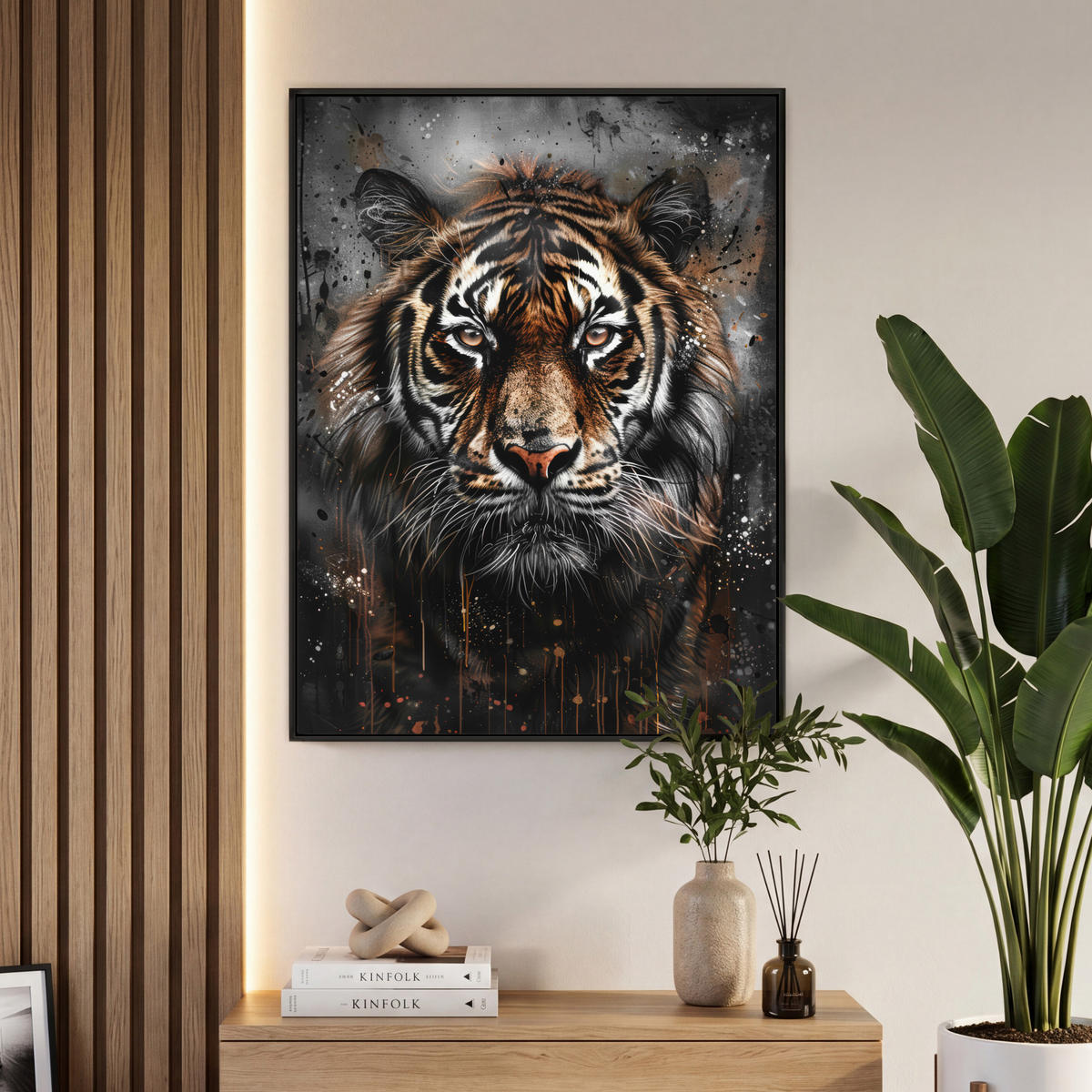 LEINWAND Bilder mit Rahmen - Tiger - Tiere - Porträt - Luxus - Schwarz - 70x100 - Braun, Textil (70/100cm) - MuchoWow