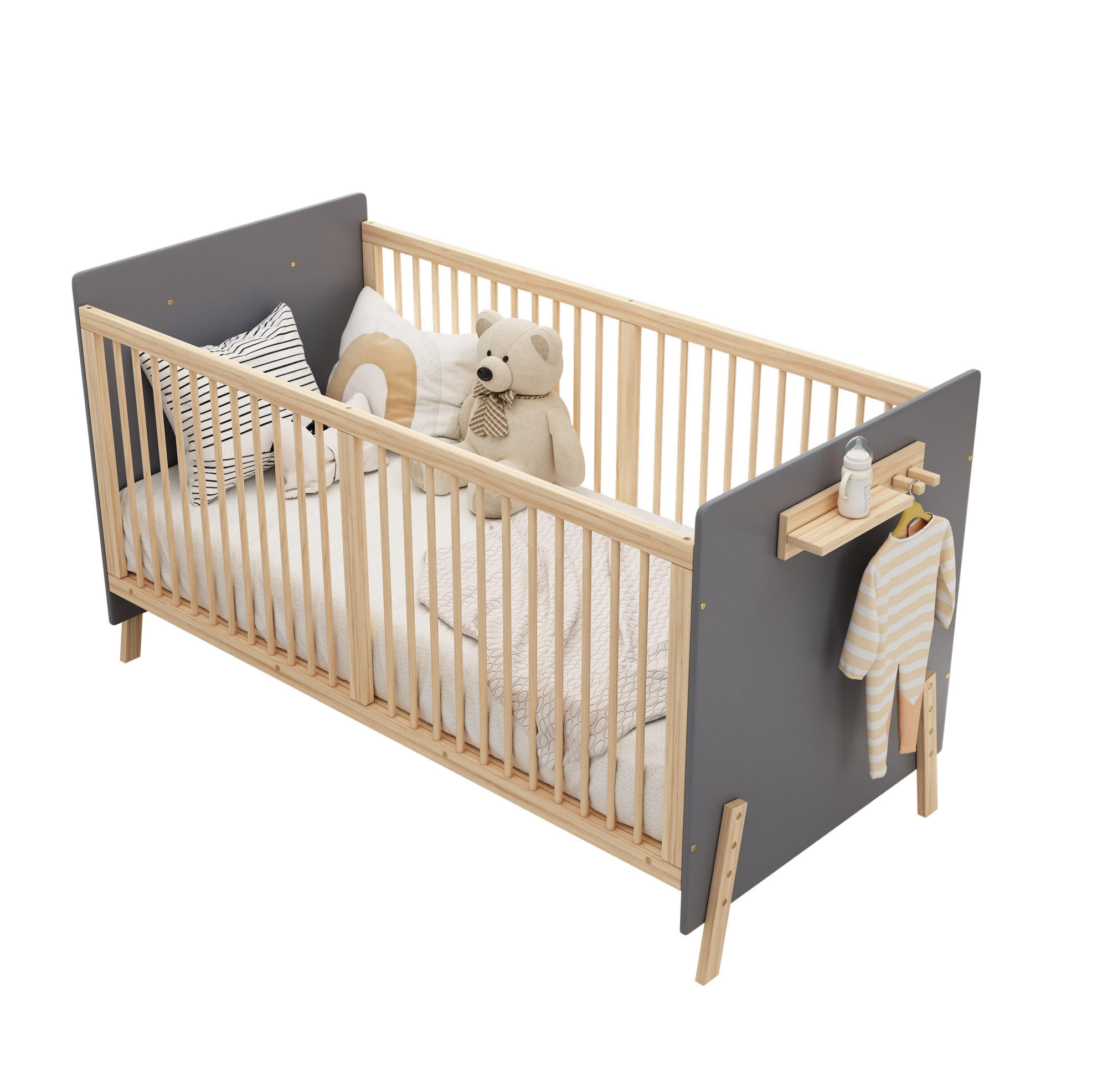 KINDERBETT Babybett 70/140 cm aus massivem Fichtenholz mit 3-facher Höhenverstellung Blaugrau/Natur - Blau, Holz (70/140cm) - Modenvie