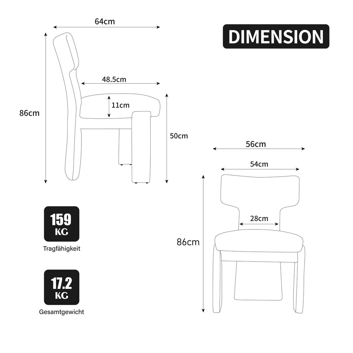 POLSTERSTUHL DE-36481 2er Set mit Holzbeinen Weiß - Grau, Holzwerkstoff (56/86/64cm) - ComfortXL