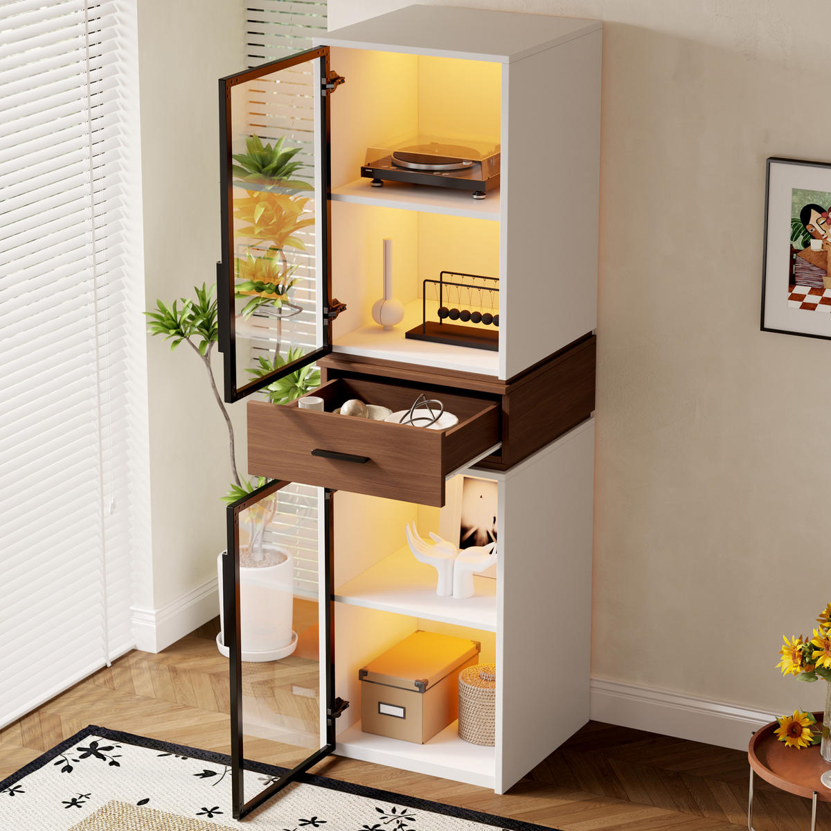 HIGHBOARD 40/40/200 cm in Weiß mit LED-Beleuchtung und Glastüren - Weiß, Holzwerkstoff (40/200/40cm) - Flora Grace