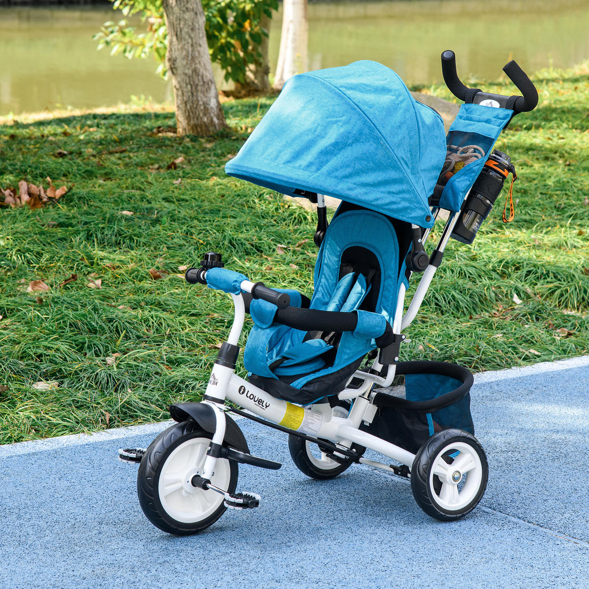 6-IN-1 Dreirad mit Schubstange, Kinderdreirad mit abnehmbarem Sonnendach - Hellblau, Metall (102/49/102cm) - HOMCOM