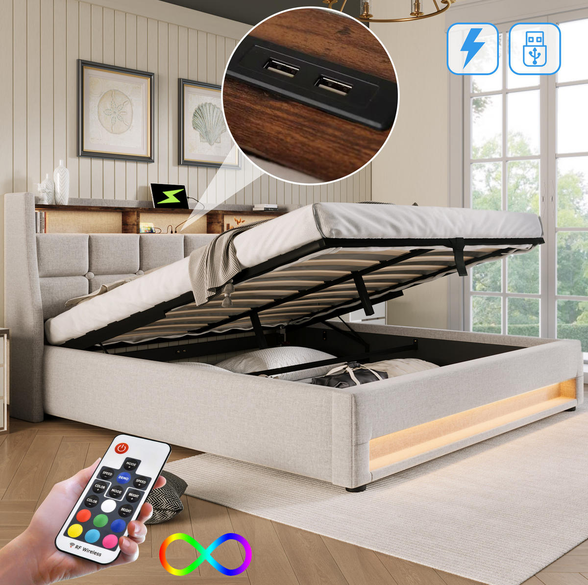 ČALOUNĚNÁ postel 140/200 cm světle béžová z lněné tkaniny s LED a USB úložným prostorem - béžová, textil (140/200cm) - OKWISH
