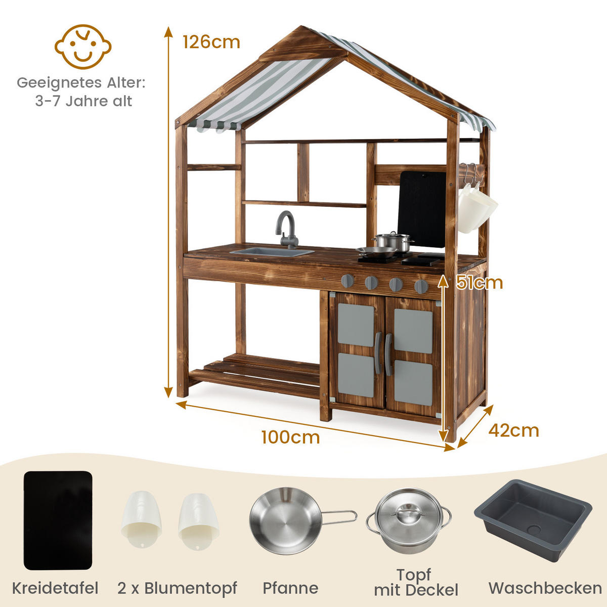 DETSKÁ kuchynka Outdoor prírodná - prírodná farba, drevo (100/42/126cm) - COSTWAY