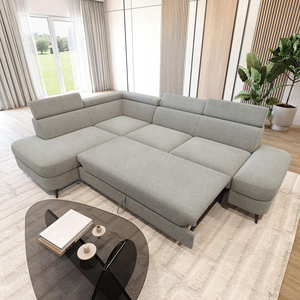 ECKSOFA AVISE Q L-S Hellgrau Boucle-Stoff mit Schlaffunktion - Hellgrau, Holzwerkstoff/Textil (268/195cm) - MASSENO