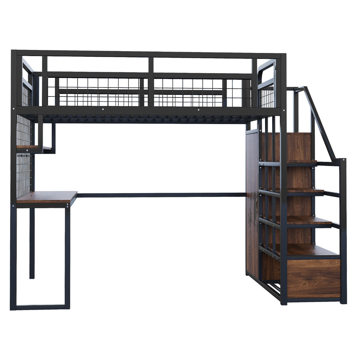 HOCHBETT 140/200 cm in Schwarz mit Stauraumtreppe, Kleiderschrank, Tisch, Regal, Lichtleiste und Steckdose - Schwarz, Holz/Metall (140/200cm) - STILVORA