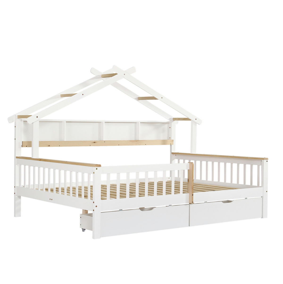 KINDERBETT 140/200 cm Weiß/Natur mit Dach, Fallschutz und 2 Schubladen - Weiß, Holz (140/200cm) - MIVRAY