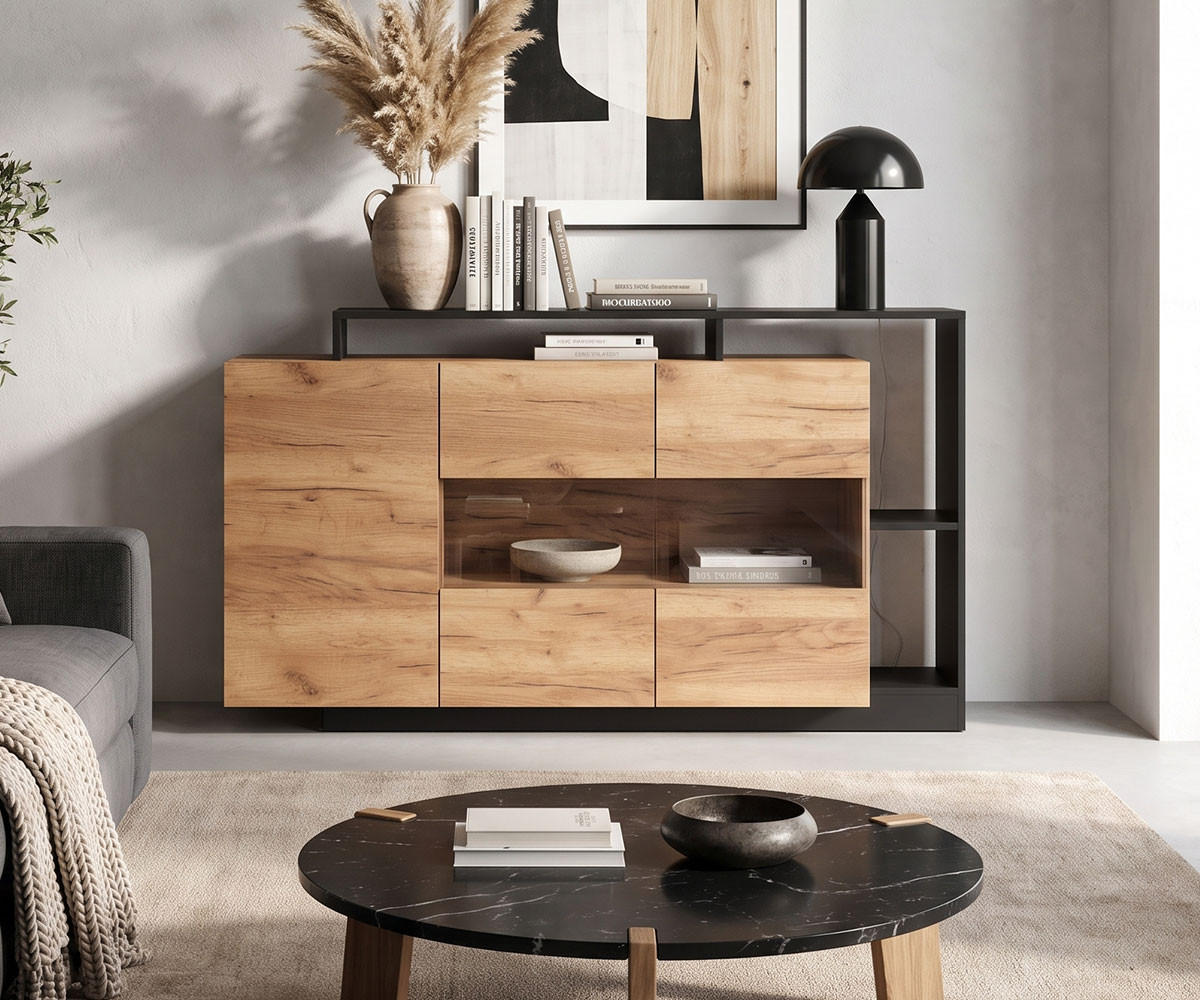 KOMMODE Alva Craft Gold Oak / anthrazit 155 / 44 / 93,5cm - Eichefarben/Anthrazit, Holz/Holzwerkstoff (155/94/44cm) - Feldmann-Wohnen