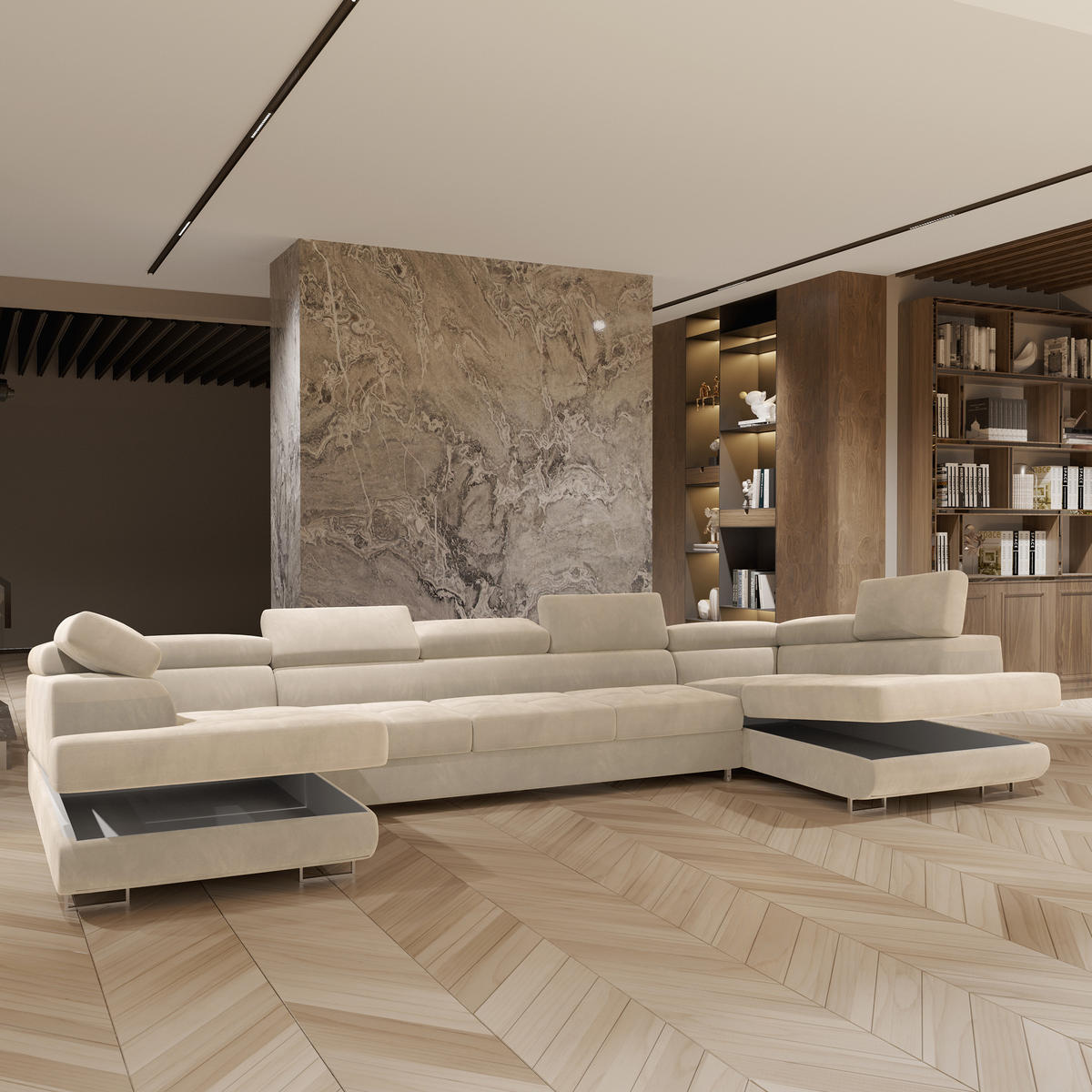 WOHNLANDSCHAFT ISOLANO Creme Velours-Stoff mit Schlaffunktion - Creme, Holz (408/90/202cm) - MASSENO