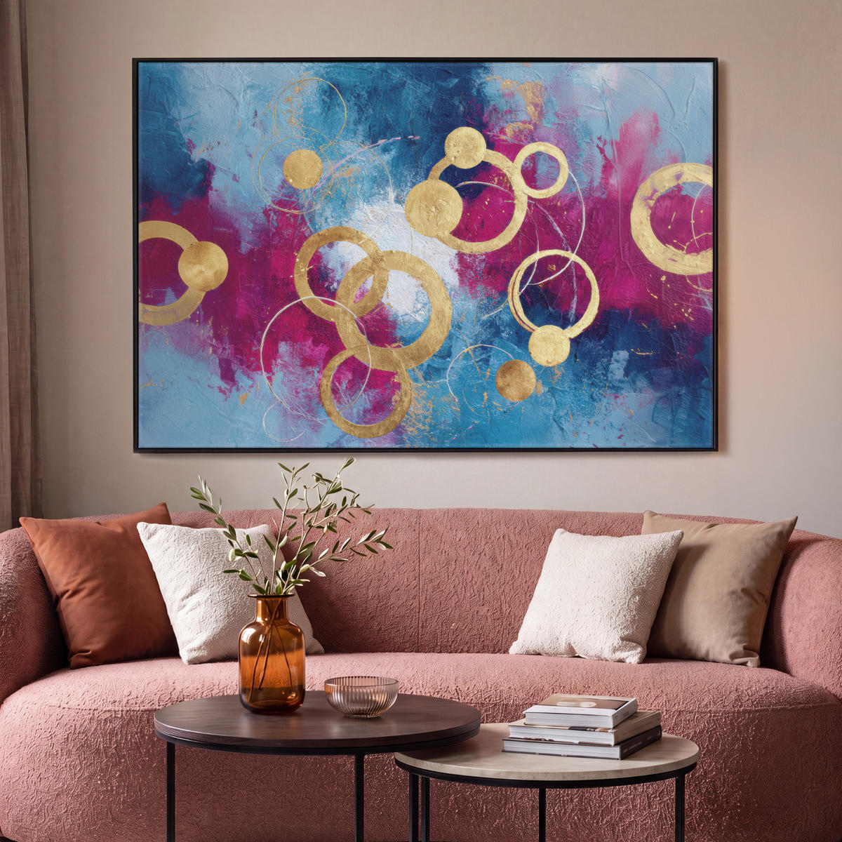 LEINWAND Bilder mit Rahmen - Kreise - Gold - Abstrakt - 140x90 - Blau, Textil (140/90cm) - MuchoWow