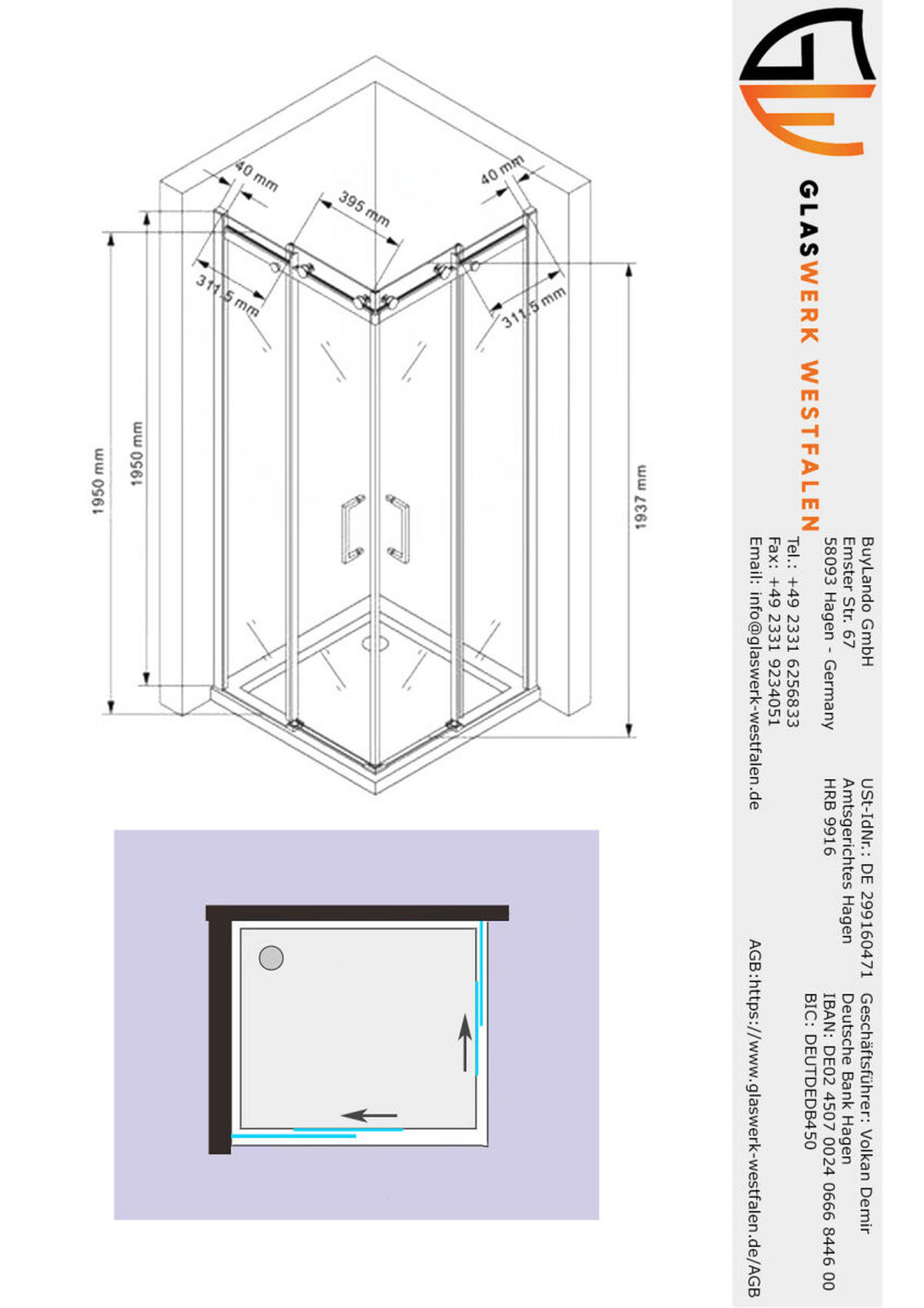 DUSCHKABINE Lina 80x80x195 cm Duschwanne+Siphon - Silberfarben, Glas (80/80/195cm) -  Glaswerk Westfalen